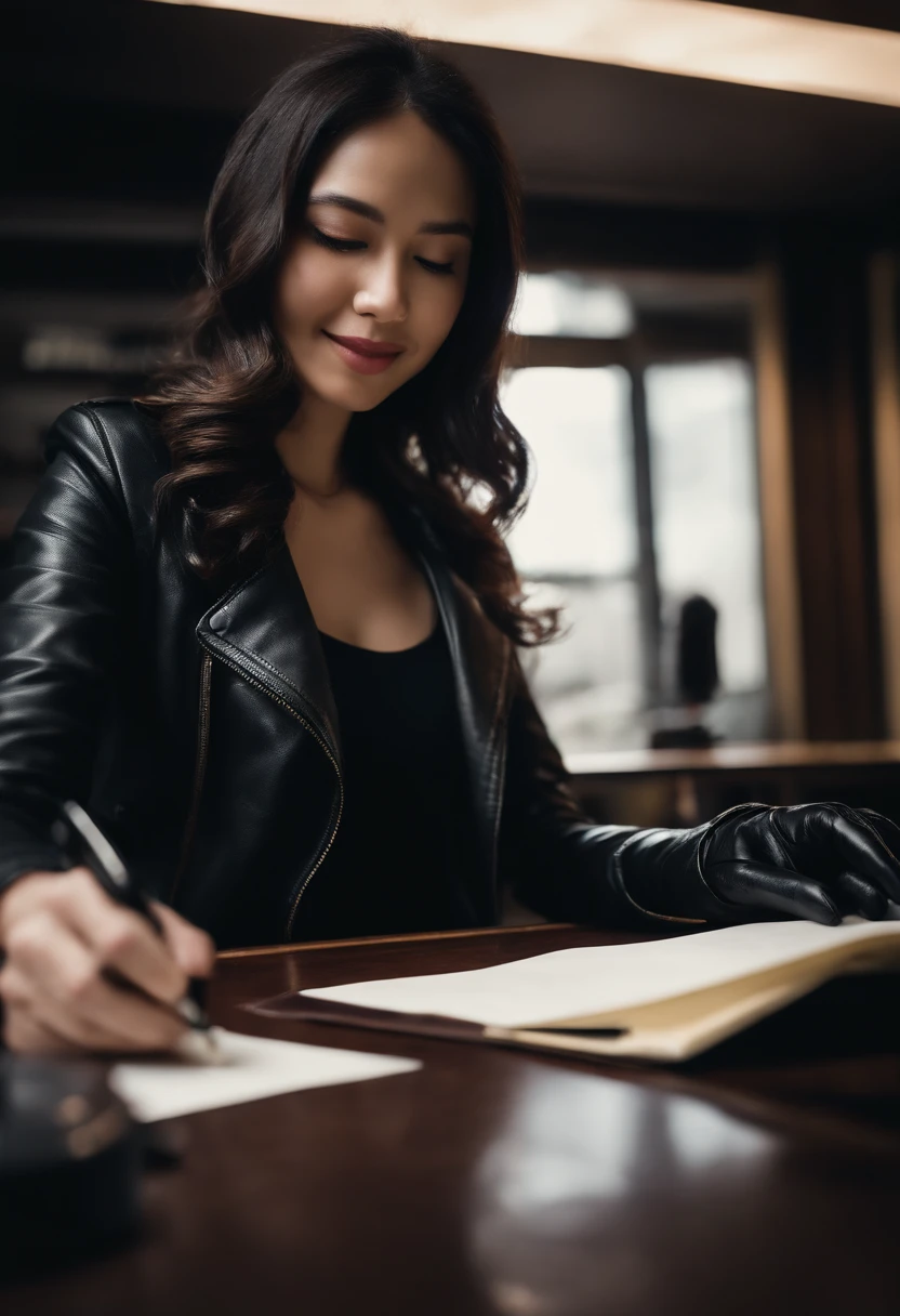 Wearing black leather gloves in both hands, upper body, black leather rider jacket, facing the desk in the dark study, looking down and smiling, writing a letter using a fountain pen, black hair long straight, young Japanese woman (black leather gloves cover both hands)