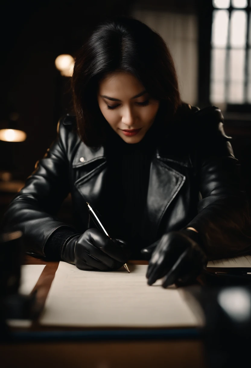 Wearing black leather gloves in both hands, upper body, black leather rider jacket, facing the desk in the dark study, looking down and smiling, writing a letter using a fountain pen, black hair long straight, young Japanese woman (black leather gloves cover both hands)