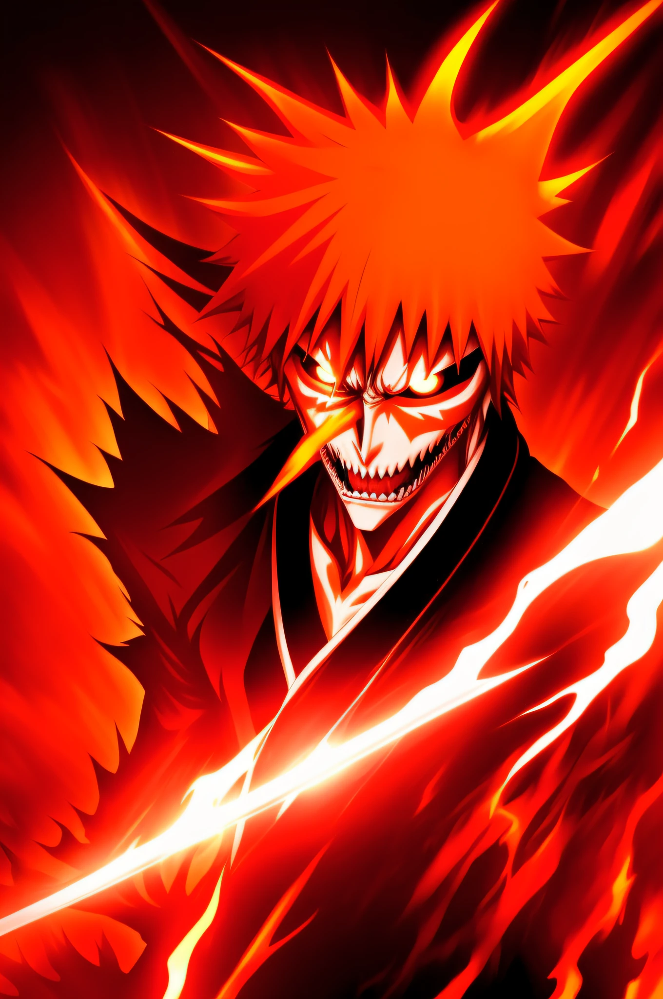 Ichigo kurosaki, close up, orange hair, glowing red eyes, angry face, shouting, blur background, masterpiece, 8k, hd, with his sword