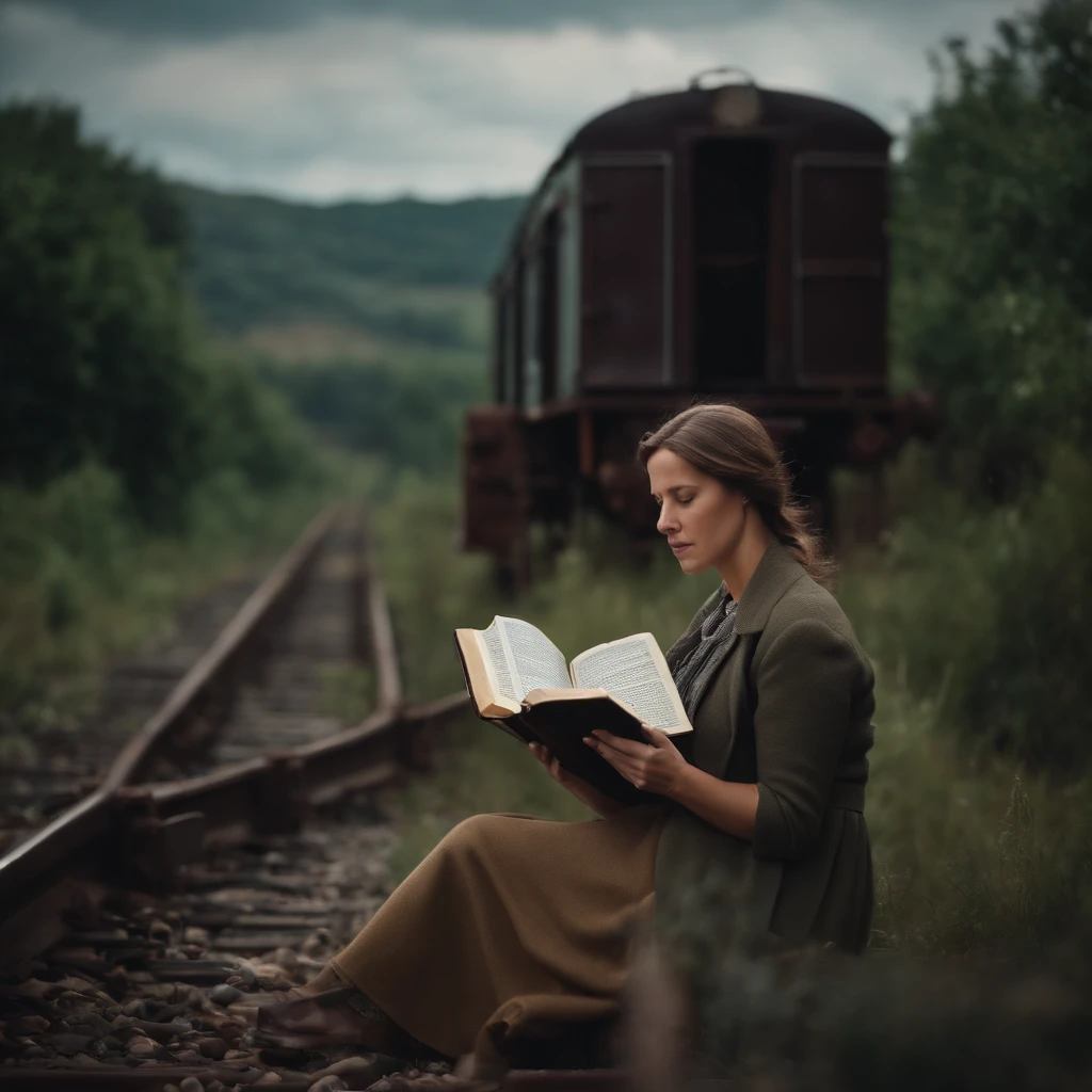 Woman reading the Bible on the old train line