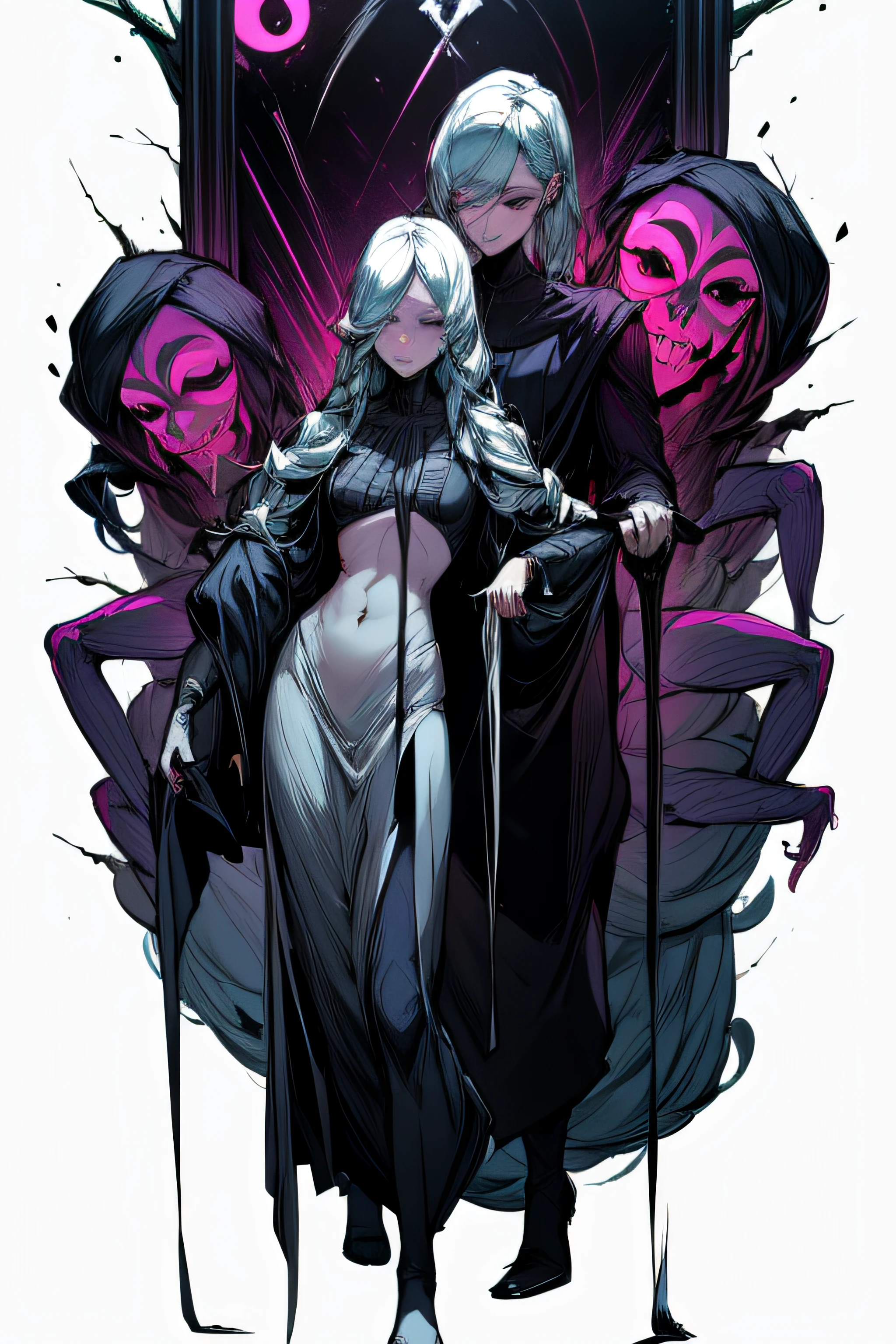 A cultist woman wearing a mirror masquerade mask, A black robe, un estilete en la mano y perfora la otra mano, The demon in the mirror devours the body of the cultist through the mask, An obsidian mirror appears behind and a mirror demon strikes it from the inside., alto realismo, High detail. The devil has pale and slippery skin, extremidades largas con garras, una boca grande con muchos dientes afilados y una lengua larga que cuelga de la boca. el cuerpo es delgado, Las costillas son visibles, Hundreds of little black eyes. Tiene una altura de 2 metros,Estilo Black Souls, Clear lines, bosquejo, sombreado.