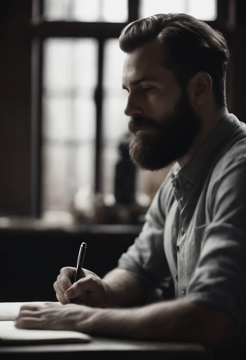 scribe with short beard, sitting in front, writing