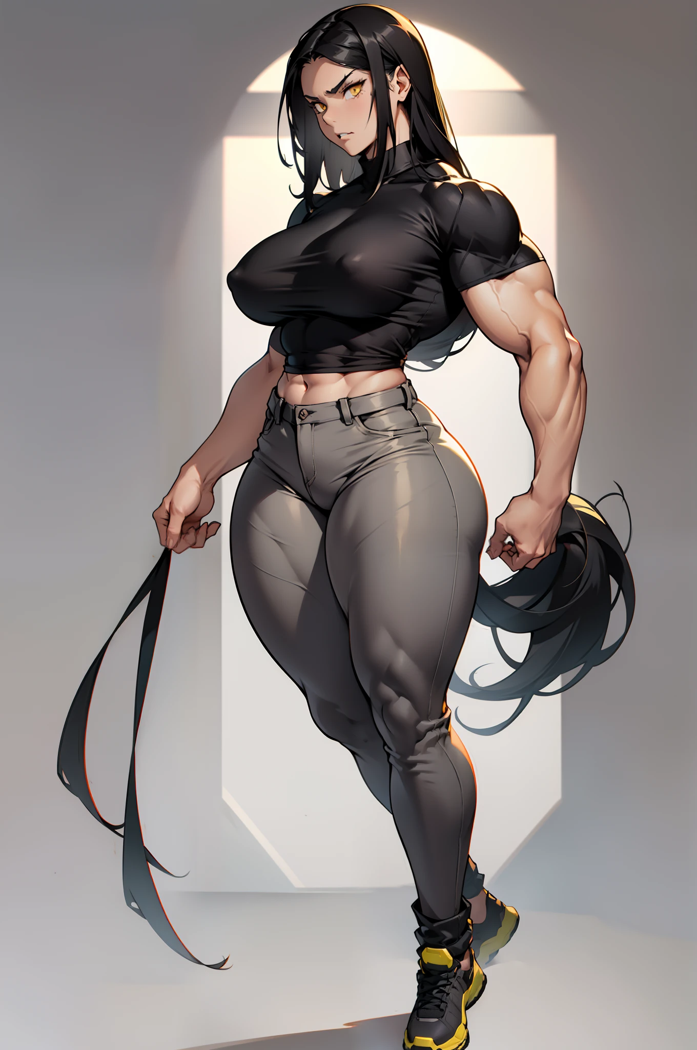 ((grey background)), solo, ((((1 girl)))), very long hair, black hair, angry, yellow eyes, (((((muscular))))), (huge tits), (thick thighs), (wide hips), (full body), pale skin, (tight shirt), (tight pants), standing, silky hair