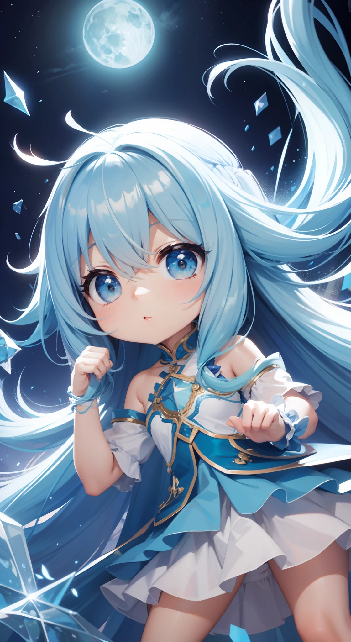Chibichara、long hair with blue hair、Fluffy Dodge、girl with((Chibi Chara))、Engaging pose、Blue and white costume、Fantasia、Luminous Crystal、Crystal jade、constellation、a moon、Fantastic background、masutepiece