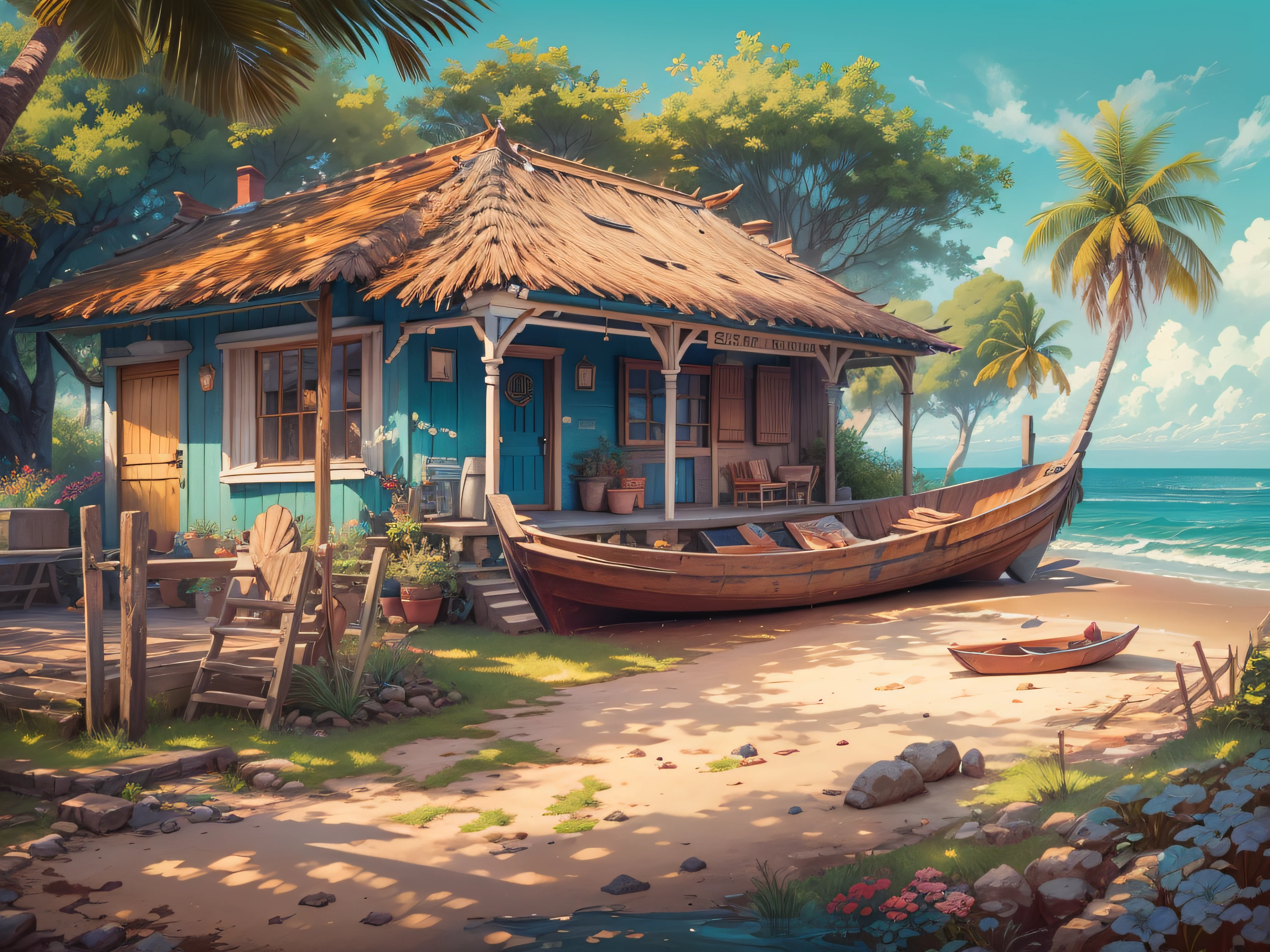 Seaside cottage, Blue sky, Nicaragua, small boats, the detail, 8k HD, best quality,ultra - detailed, Illustration,Best shadow,masterpiece,A high resolution,professional artwork,famous artwork