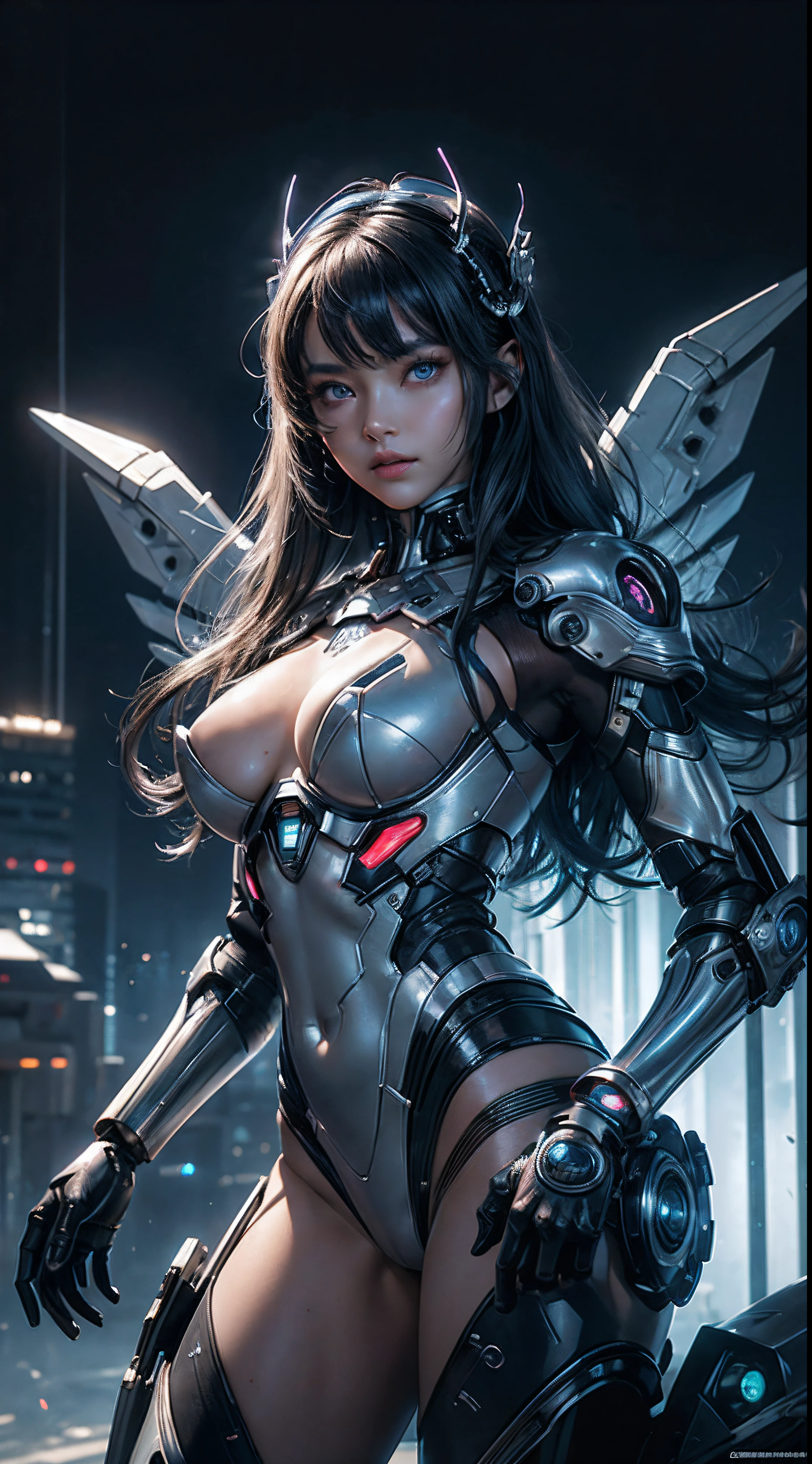 topquality、tmasterpiece、超High resolution、(photorealestic:1.4)、RAW photo、Battle of the Cyborg Angel、Detailed hands,Large wings made of metal、White porcelain case、Acrylic transparent cover、gray hairs、Glowy skin、1 cyborg girl、((Super realistic details))、portlate、Global Illumination、ombre、Octane rendering、8K、Ultra-spicy、Symbolic light around the edges,Colossal tits、Raw skin is exposed when split、Details of complex ornaments、Детали Double Zeta Gundam、hydraulic cylinder、Small LED Bulb、Very complex detailing、Realistic light、Purple eye、Radiant Eyes、facing the camera、neon details、cowboy  shot、Futuristic headdress、About Cyberpunk、、