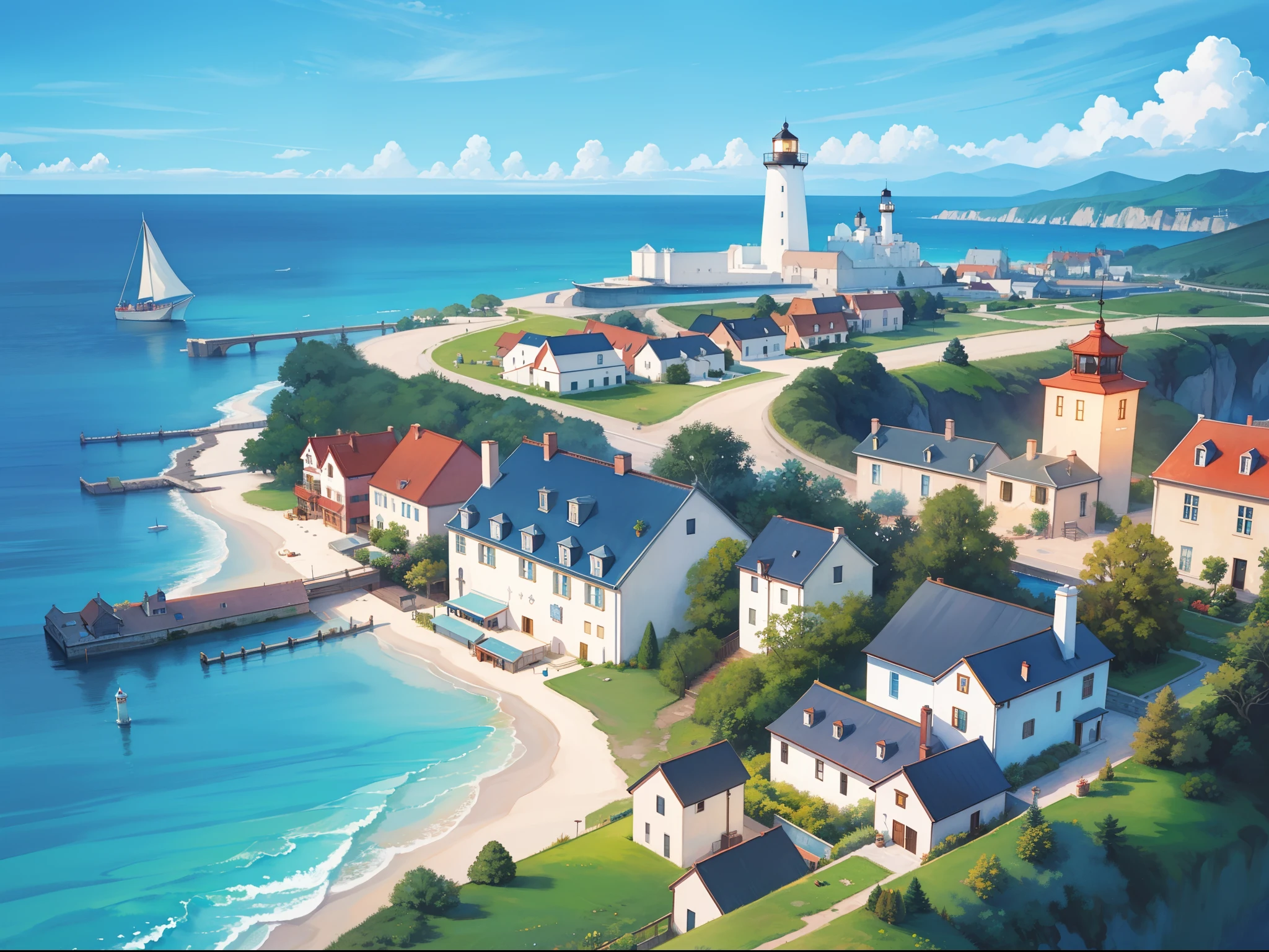 ocean fantasy, watercolor illustration, whimsical, warm colors, village, houses, huge lighthouse, ((masterpiece)), highly detailed environment