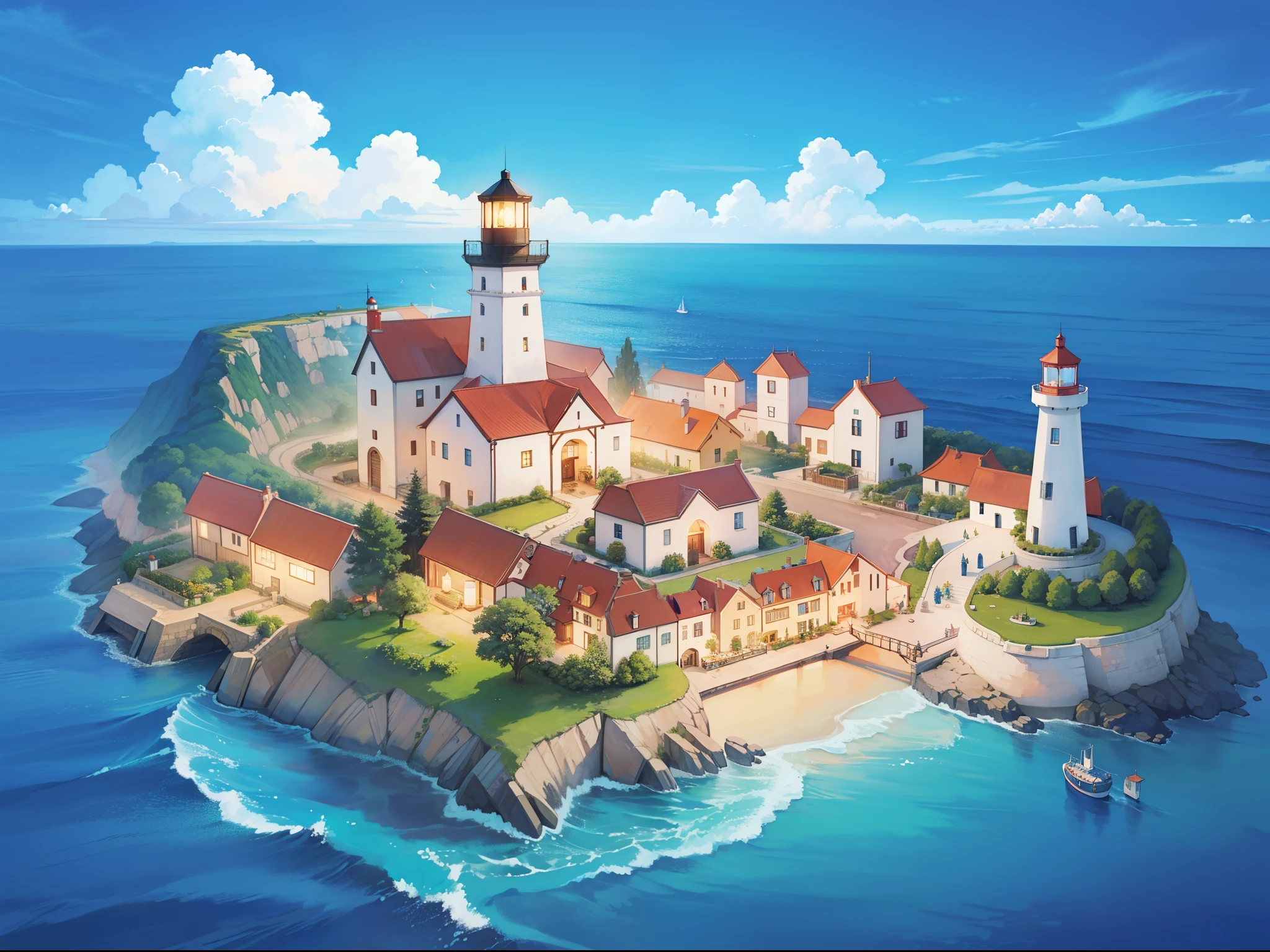 ocean fantasy, watercolor illustration, whimsical, warm colors, village, houses, huge lighthouse, ((masterpiece)), highly detailed environment