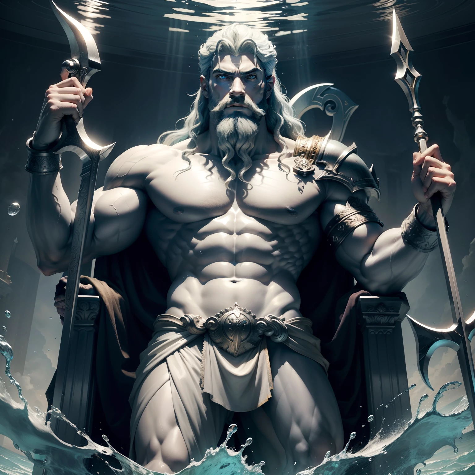 God Poseidon imposing ultra detail and realistic standing staring at me holding his trident and armor on his throne in the water clearly visible
