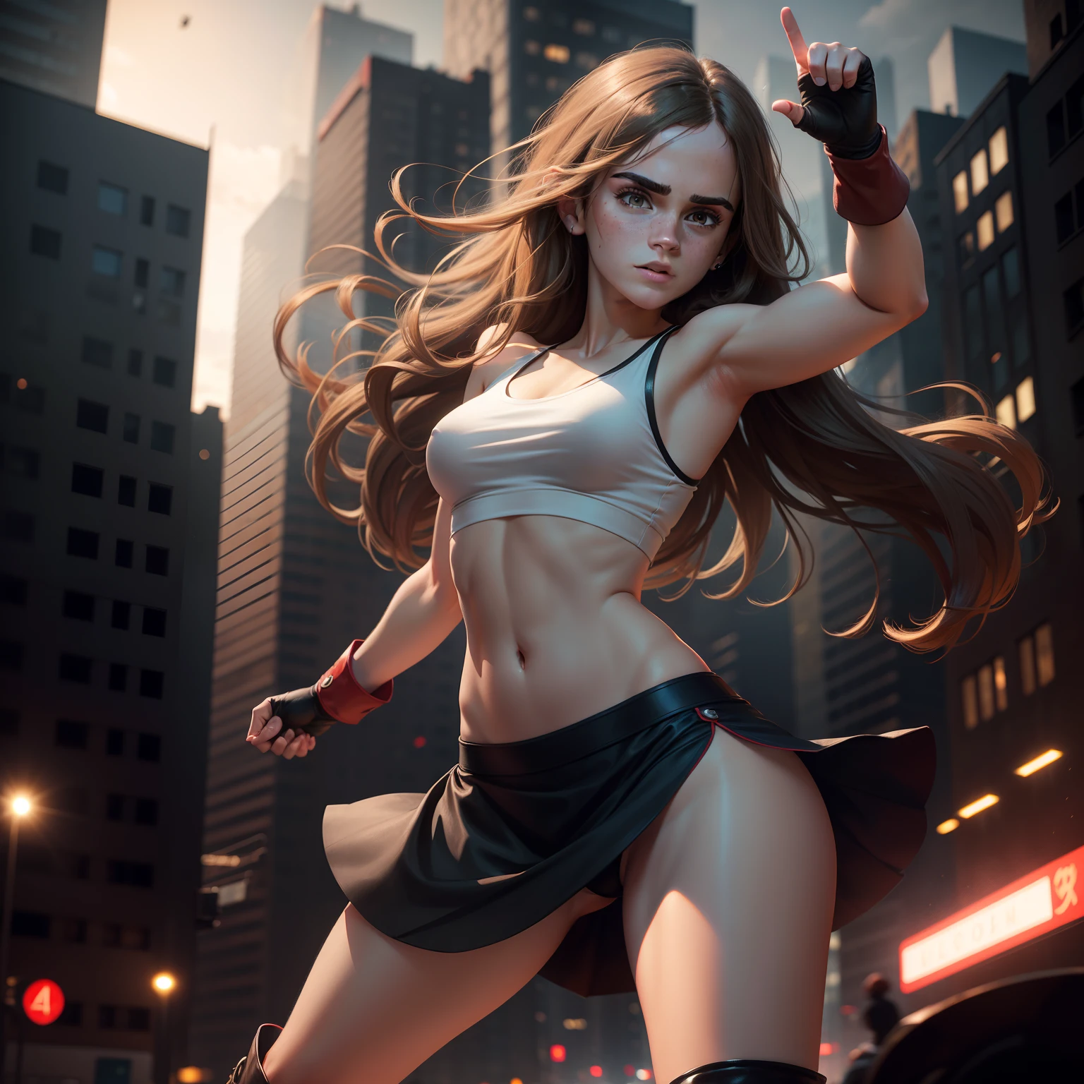 Emma watson, 24 years old, long hair, white sleeve tank top, stomach showing, navel, black skirt, red boots, red fingerless gloves, action pose, photo realistic, natural lighting, background of city at night