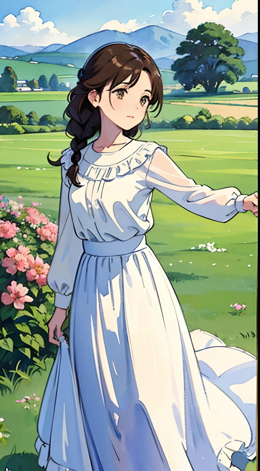 (Watercolor in Sargent style)、(top-quality、masterpiece)、Soft light、View of the Cotswolds,Old farmhouse、rivulets、flower bloom、One lady、dark brown hair、Braided hair、White blouse and long skirt、picnic、Dance happily alone on the hill、A delightful、