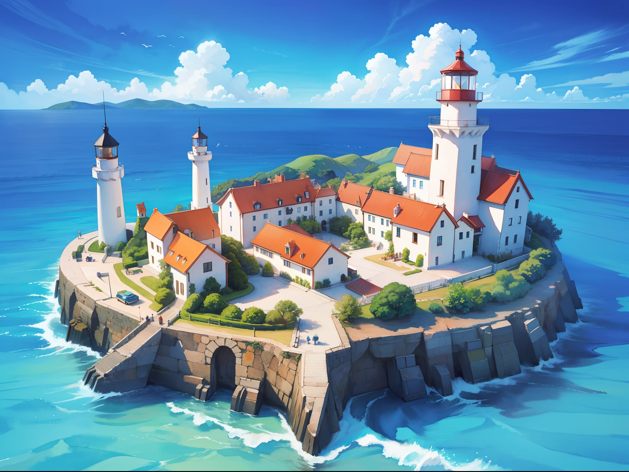 ocean fantasy, watercolor illustration, whimsical, warm colors, village, houses, huge lighthouse, ((masterpiece)), highly detailed environment