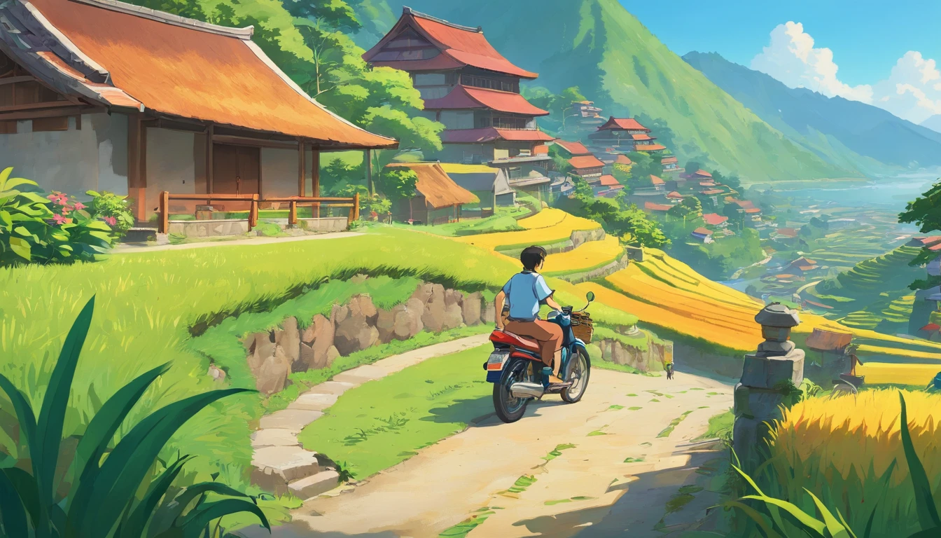 A teenage boy with his 3 friends, playing around the village in Indonesia with old japan motorcycle,illustration,detailed,friends,fun-filled,joyful,exotic landscapes,vibrant colors,traditional houses,beautiful flowers and plants,cultural diversity,clear blue sky,warm sunlight,peaceful atmosphere,authentic experience,local traditions and customs,breathtaking sceneries,backdrop of mountains and rice terraces,happy memories,waterfall(best quality,4k,8k,highres,masterpiece:1.2),ultra-detailed,(realistic,photorealistic,photo-realistic:1.37),HDR,UHD,studio lighting,extreme detail description,professional,bokeh,portraits,landscape,photography,vivid colors,summer vibes,harmonious composition. The prompts generated in this way can produce a high-quality image depicting a few friends playing in a garden in the natural scenery of rural Indonesia。