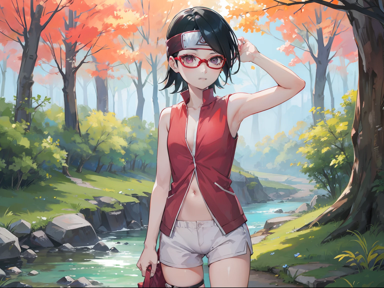 Sarada uchiha, glasses, short hair, Shirt with open buttons, Not wearing pants, armpit, ((forest, river, public, pussy))