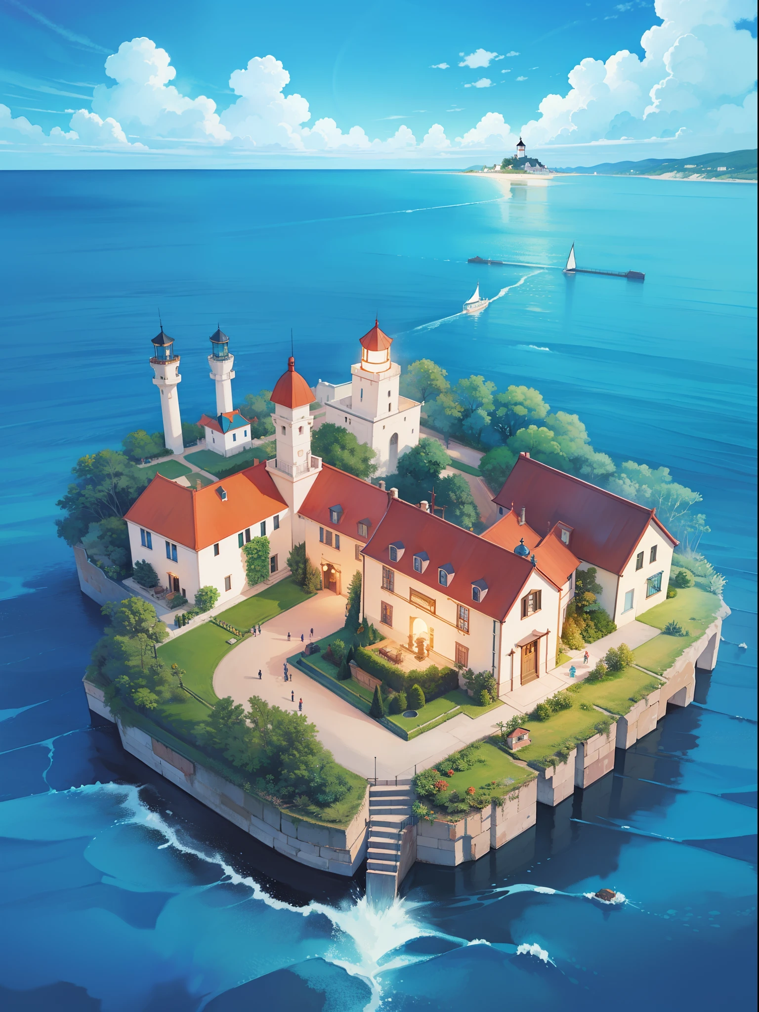ocean fantasy, watercolor illustration, whimsical, warm colors, village, houses, huge lighthouse, ((masterpiece)), highly detailed environment