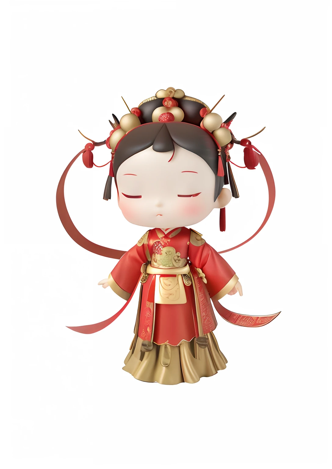 An antique Chinese girl，Wearing a long red dress，The lower part of the skirt is green，There is a headdress on the head，hands on the chest，There are earrings on the ears