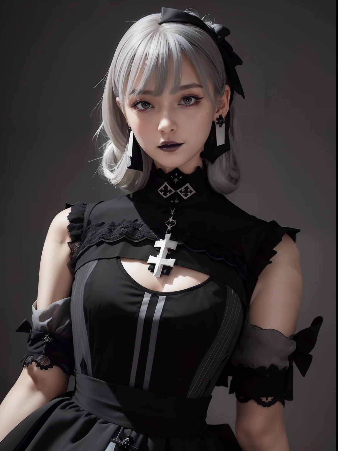 BREAK gothic lolita dress, ((wearing (black:1.4) and (dark blue:0.8) very long dress:1.4) with cross motif and lace edges:1.4)), (wearing short sleeves and square neckline:1.4), ((wearing very long skirt:1.4) with bow on waist:1.4), (wearing (black stockings:1.4) and (black shoes with heels:1.4)), 
BREAK (wearing cross motif earrings:1.2), 
BREAK (gray hair color:1.4), (medium hair with (vertical rolls:1.4) and bangs:1.3),