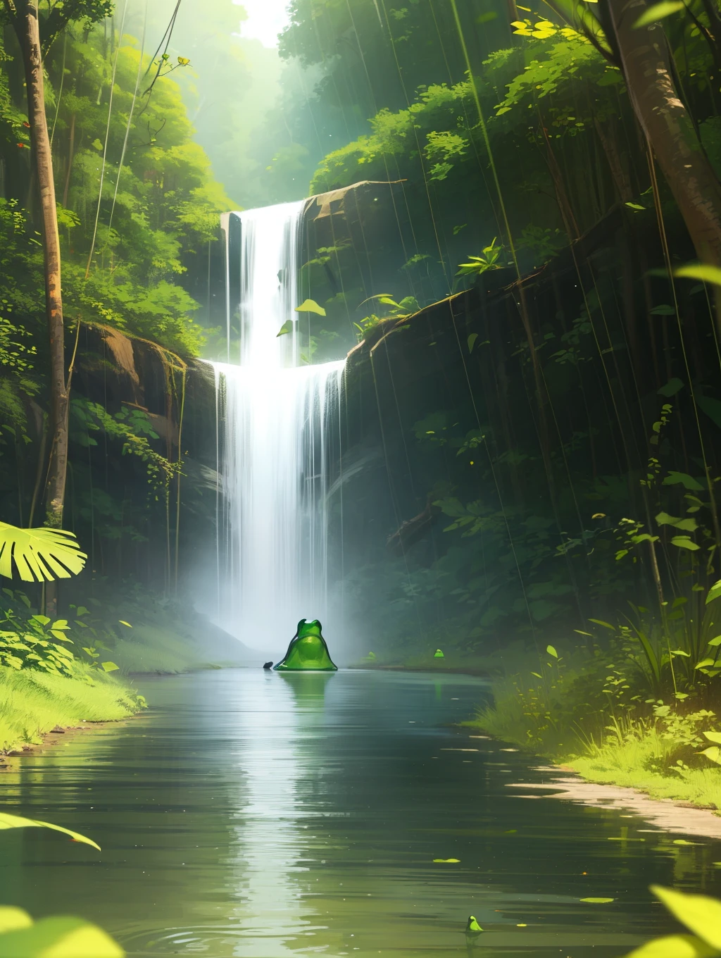 humanoid teenager green transparent body frog head realistic photo, walking with headphones on head, Amazon rainforest, very green river in the background of the scene --auto --s2