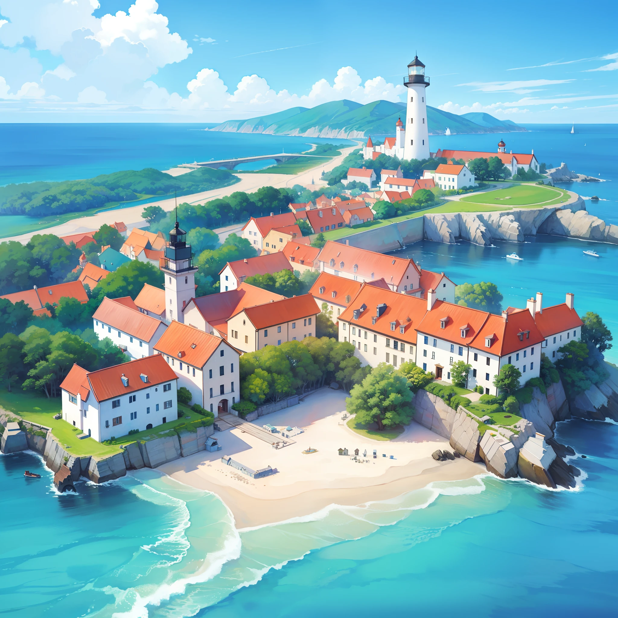 ocean fantasy, watercolor illustration, whimsical, warm colors, village, houses, huge lighthouse, ((masterpiece)), highly detailed environment