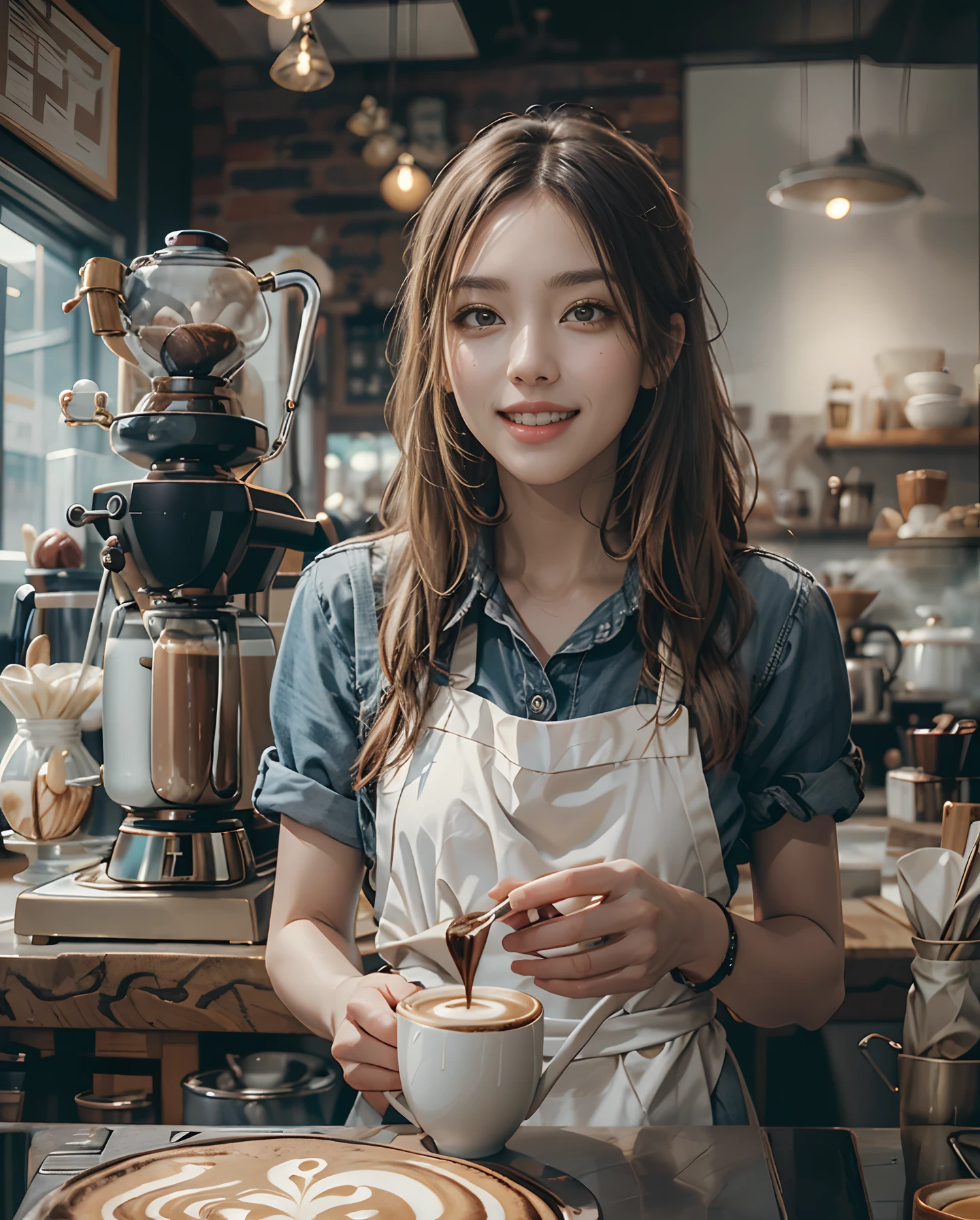 masutepiece、hight resolution、The coffee shop of the future、Woman making delicious coffee、２５Year old girl、１Girl clerk、Looking at the camera、smil、Finish as shown in the photo、Coffee and beauty、the skin is white and beautiful、