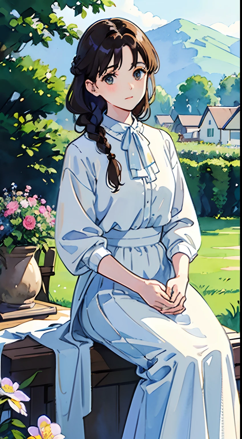 (Watercolor in Sargent style)、(top-quality、masterpiece)、Soft light、View of the Cotswolds,Old farmhouse、rivulets、flower bloom、One lady、dark brown hair、Braided hair、White blouse and long skirt、picnic、picking a flower、