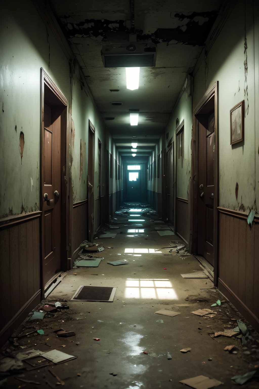 abandoned hospital entrance, dark and eerie atmosphere, cracked walls, overgrown vegetation, broken windows, rusty gates, abandoned wheelchairs, creepy shadows, dust-covered floors, flickering lights, decaying signage, graffiti-covered walls, mysterious aura, hauntingly beautiful, hauntingly serene, post-apocalyptic vibe, hauntingly quiet, ghostly presence, worn-out furniture, peeling paint, forgotten memories, lingering echoes, hidden secrets, eerie silence, deserted corridors, chilling breeze, forlorn hallway, broken glass, dimly lit, abandoned reception desk, faded wallpaper, long-forgotten medical equipment, faded memories, remnants of the past, faded glory, faded dreams, hauntingly empty, desolate atmosphere, unsettling charm, gloomy ambience