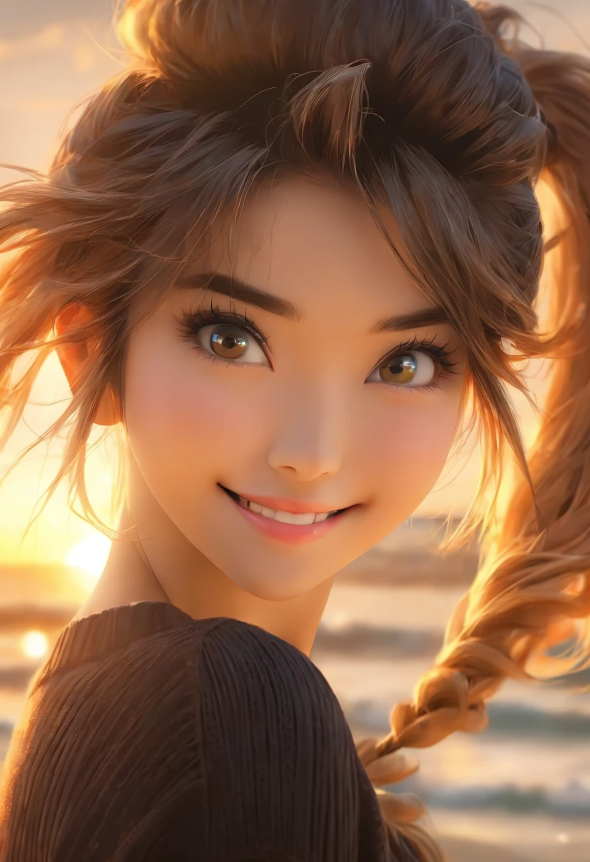 Best quality, hyper HD, (Photorealistic:1.4),Sunset light, pony tails, Korean women, detailed photograph, Smiling, Sexy, Black shirt, facing camera, Close-up (Masterpiece: 1.3), (8K, Photorealistic, Best quality: 1.4), (1girll), Beautiful face, (Realistic face), (Black hair, Short hair: 1.3), Beautiful hairstyle, Realistic eyes, Beautiful detail eyes, (Realistic skin), Beautiful skin, (Sweater), Absurd, Attractive, 超高分辨率, Ultra photo realsisim, High definition, Golden ratio