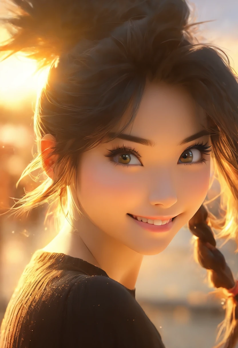 Best quality, hyper HD, (Photorealistic:1.4),Sunset light, pony tails, Korean women, detailed photograph, Smiling, Sexy, Black shirt, facing camera, Close-up (Masterpiece: 1.3), (8K, Photorealistic, Best quality: 1.4), (1girll), Beautiful face, (Realistic face), (Black hair, Short hair: 1.3), Beautiful hairstyle, Realistic eyes, Beautiful detail eyes, (Realistic skin), Beautiful skin, (Sweater), Absurd, Attractive, 超高分辨率, Ultra photo realsisim, High definition, Golden ratio