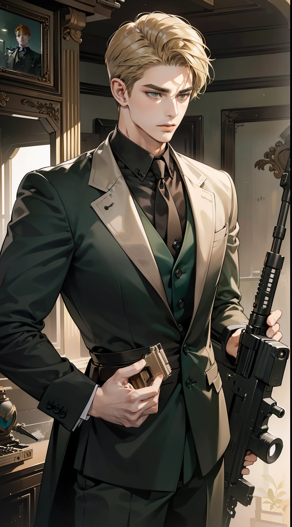 masterpiece, best quality, realistic, 1man, mature male, quiet and charming young man, 18 years old, close his eyes, serious, closed mouth, extremely detailed face, a little distant, ((dark green eyes)), ((short-side-swept sandy blonde hair)), [thick eyebrows], mafia, (in black suit), ((holding a machine gun)), accurate, detailed