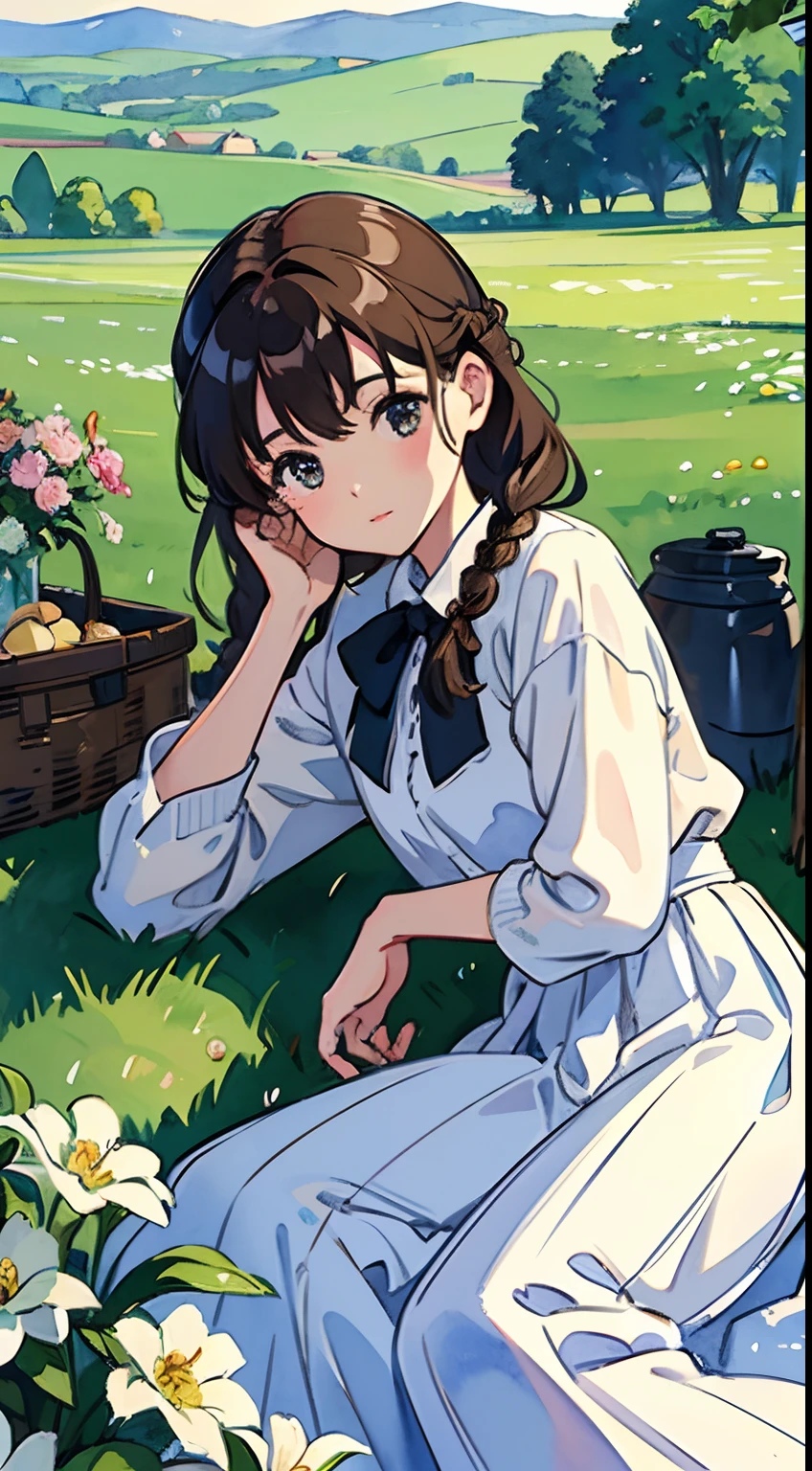 (Watercolor in Sargent style)、(top-quality、masterpiece)、Soft light、View of the Cotswolds,Old farmhouse、rivulets、flower bloom、One lady、dark brown hair、Braided hair、White blouse and long skirt、picnic、Slumber、