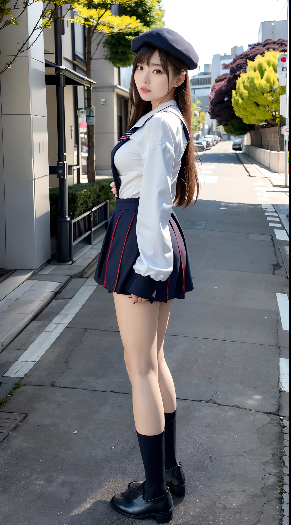 mix4, (16 K, Raw photography, Top image quality, masterpiece: 1.45), (realisitic, Photorealsitic: 1.37), one girls, 7.5, etc、Standing figure,Noon time slot、cute little, A city scape,, profetional lighting, photon maping, Cityscape with street trees, physically-based renderingt, Gradient dark brown hair,, a handsome, Well-groomed and beautiful eyes、Large double eyelids、Very shiny、girl with, (((student clothes、Long sleeve sailor suit worn by Japan girl、red cuffs、Dark blue mini skirt, Small gray beret、Dark blue knee-high socks、Black loafers))), Top Quality Photos, hight resolution, 1080p, (clearface), (Detailed face description), (Detailed hand description), (masterpiece), (Exquisite CG)、extreme light and shadows、dishevled hair、master work、abundant detail、(Fine facial features)、(top quality photo)、(masuter piece)、(A detailed eye)、Look in front of you、Fine clavicle、((Slender big))、(((Japan schooln long-sleeved sailor suit)))、((Ready Idol System))、((Boulevard with street trees、Roads at the scramble intersection))、(Shooting from random perspectives)、(((Anyway cute)))、耳Nipple Ring、A big smile、Drawing the whole body from the knees、Do not draw nasolabial folds、(((Long-sleeved sailor suit)))、(Big breasts that hang down big:1.2)、Big buttocks with tension、Two arms and two legs、(((from the front side:0.5)))、bare hand、No mask