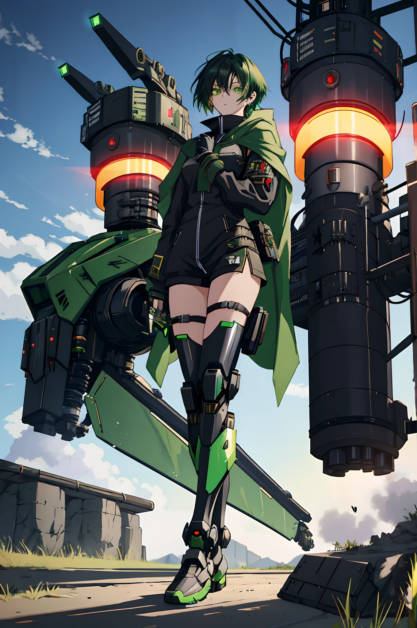 Anime girl sitting on the ground,Black cape and green hair, rogue anime girl, the anime girl is crouching, Wearing a cloak on the blasted plain, asuka suit under clothes!, holy cyborg necromancer girl, badass posture, mechanic punk outfit, anime styled 3d, render of a cute 3d anime girl, gapmoe yandere grimdark, Female character,musculature,Abs,Glowing green eyes,Black hair with green gradient,short detailed hair,Bunched hair,Dull hair,(1.5),Tomboyish,Be red in the face,looking at viewert,There was a mech next to her,One-eyed mech,The mech extends its shield to protect her,Black color mecha,Elaborate Eyes,Black mechanical legs,There is a hole in the wall,huge tit,1.5,The mech is connected to the greatsword,Green Greatsword,Left hand crossed waist,