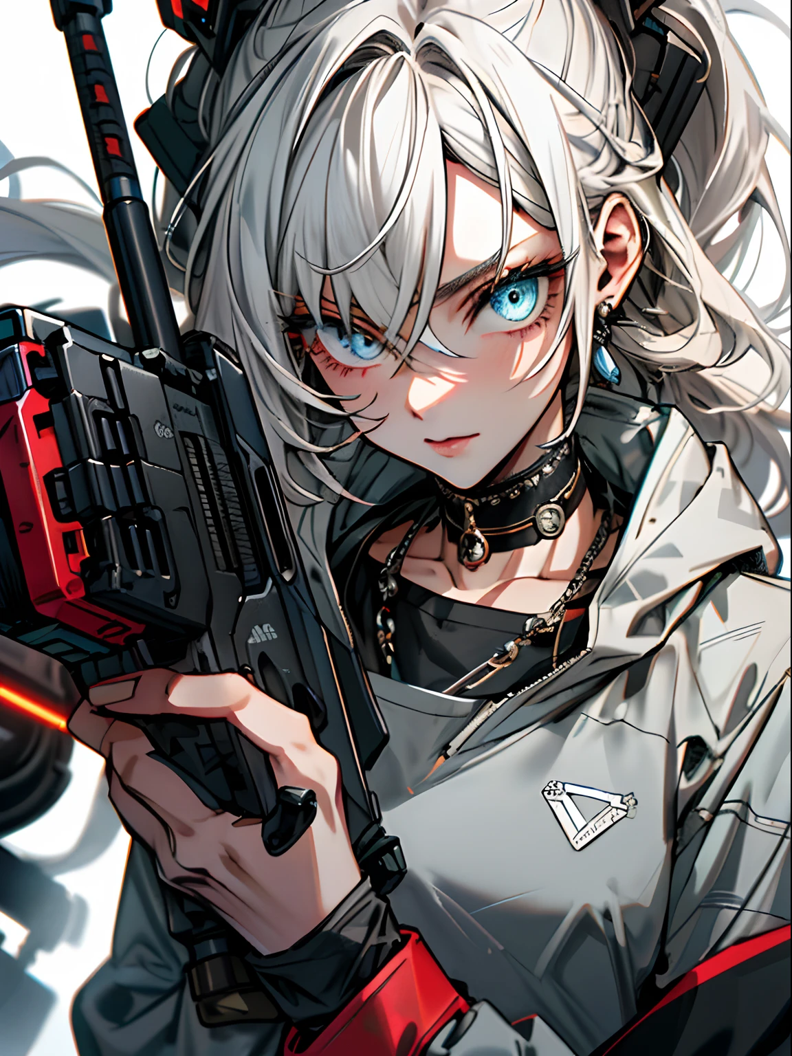 (top-quality, tmasterpiece:1.2) | A detailed eye:1.2 1 female ,Solindo (dynamic ungle, angle of view, faces, long whitr hair,Gun shop) choker necklace, The shirt, Open sweatshirt, finely detailed, tmasterpiece, cyberpunk style outfit