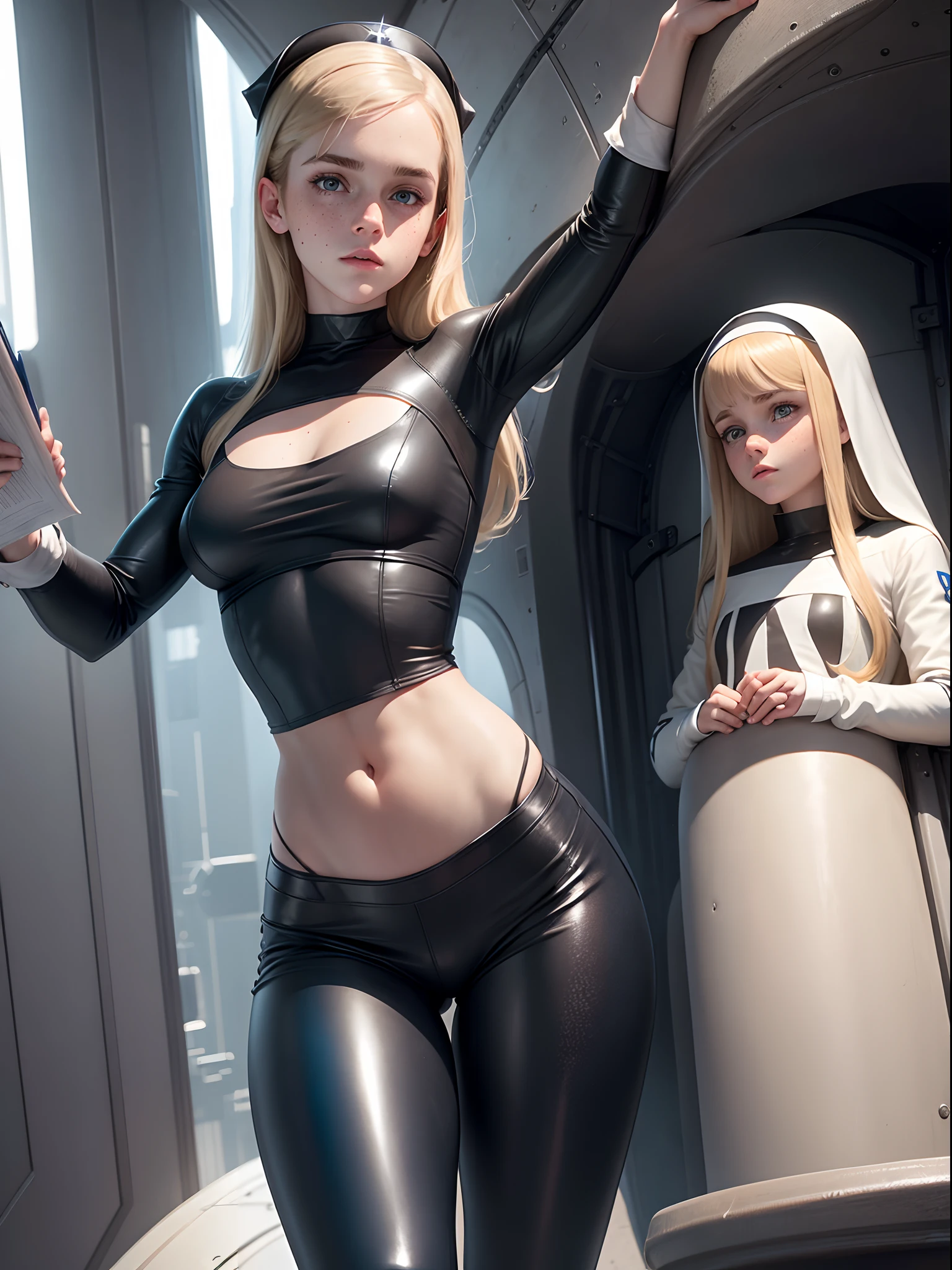 teen emma watson as a nun blonde. freckles. sparkly blue eyes that speak of innocence and acceptance. Slender frame and beautiful figure. tight leather pants. crop top. reading while lying outside a spaceship. ripped clothes exposing muscle. sci-fi.