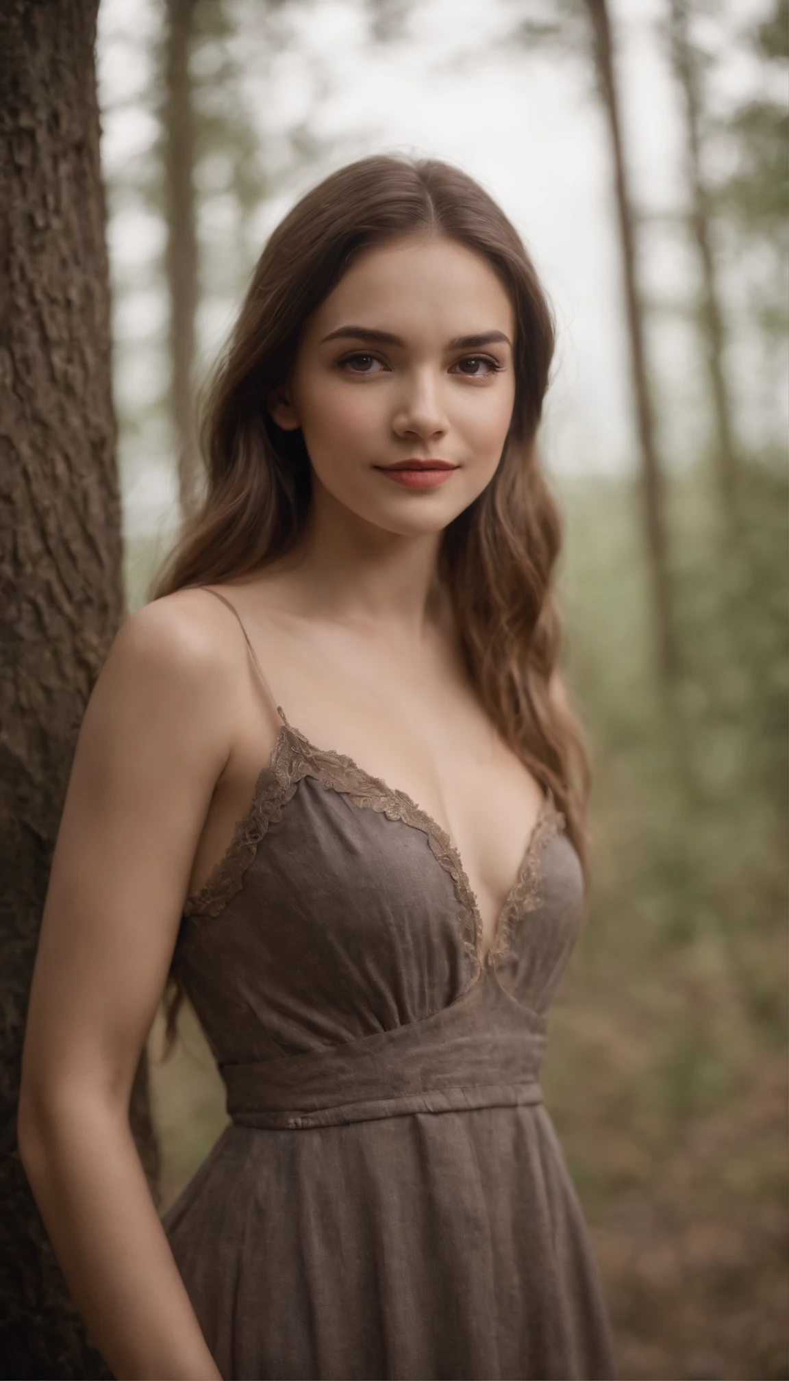 1 young girl standing in front,topless, smile,A happy look on his face,There was a vampire behind the girl with its mouth open,Showing fangs,cowboy lens,Cinematic lighting effects