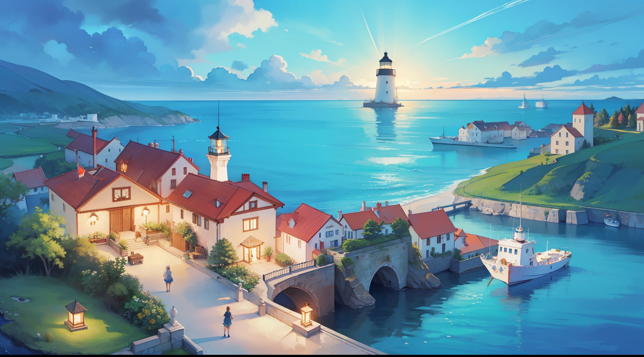 ocean fantasy, watercolor illustration, whimsical, warm colors, village, houses, huge lighthouse, ((masterpiece)), highly detailed environment