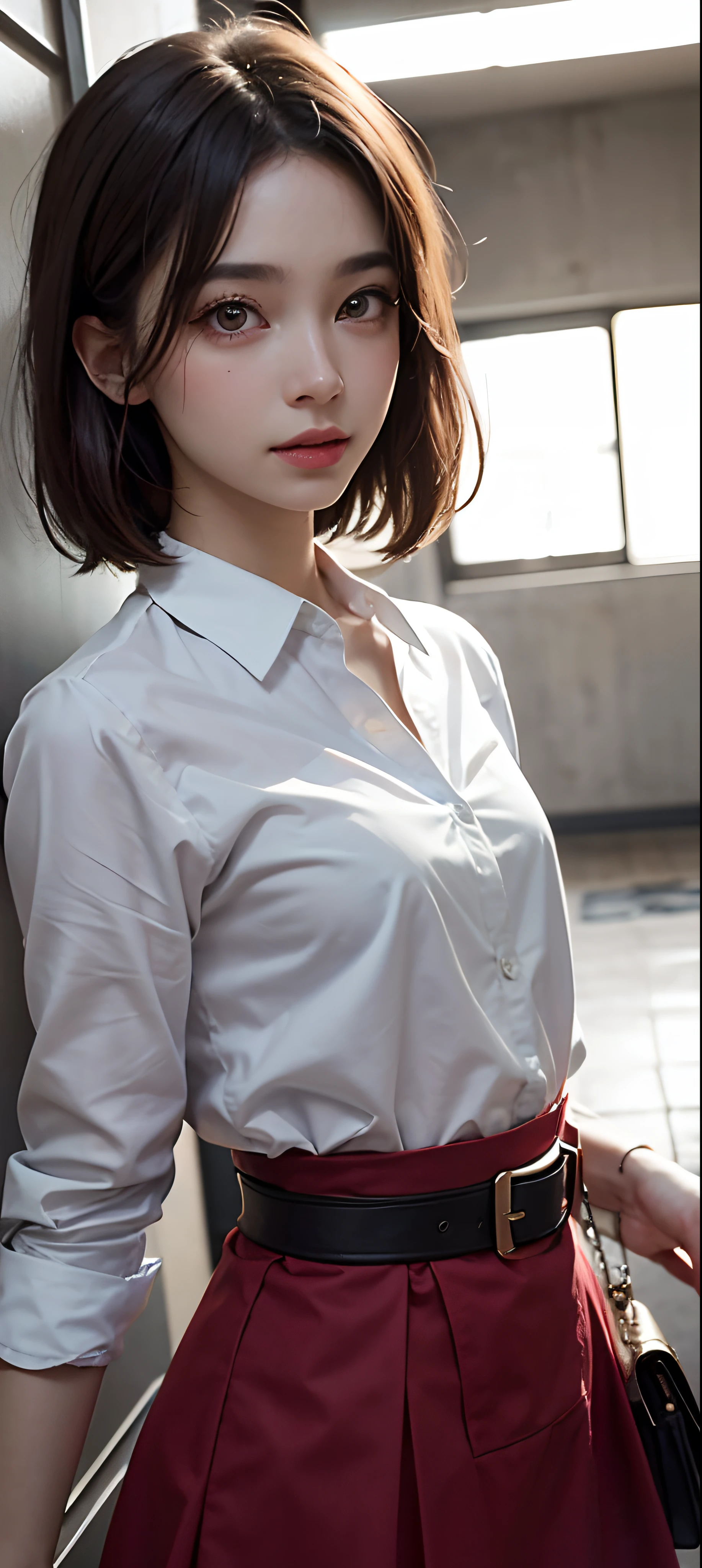 (a closeup:1.4)、(Raw photography:1.2)、(Photorealsitic:1.4)、(masterpiece:1.3)、(top-quality:1.4)、one girls、(Slender and beautiful girl)、(FULL BODYSHOT)、独奏、cute little、((Buttoned shirt、open-shirt))、no-bra、鎖骨、(large full breasts:1.2)、beauty breast、(a short bob:1.2)、Look at viewers、浅笑、makeup、