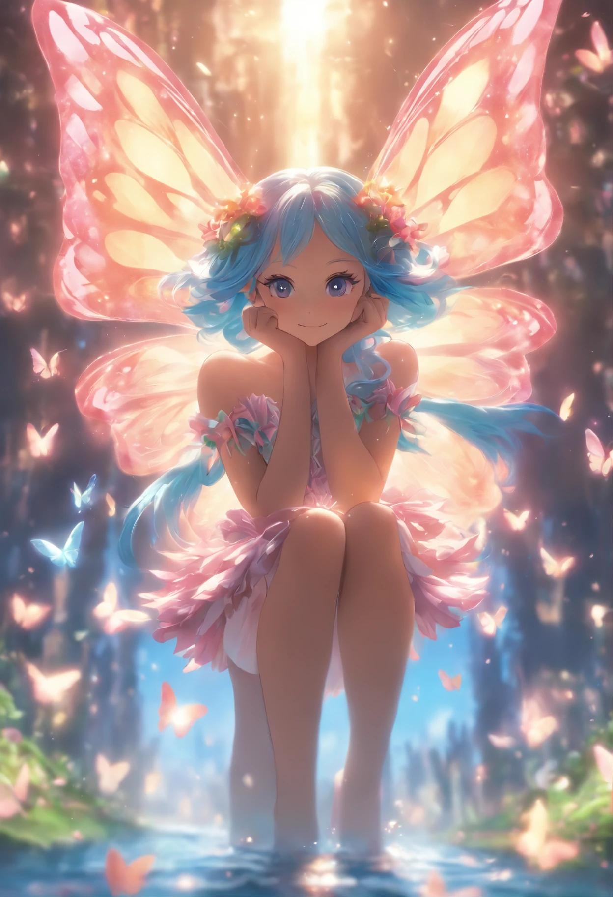 one-girl，Thighs above the knee，Elves in flowers，A pair of transparent butterfly wings，Colorful wings，（A skirt composed of petals：1.5），The petals float into the sky，（Petals of various flowers），best qualtiy，tmasterpiece，Photorealsitic，Photorealistic image quality，The dawn effect，Beam light