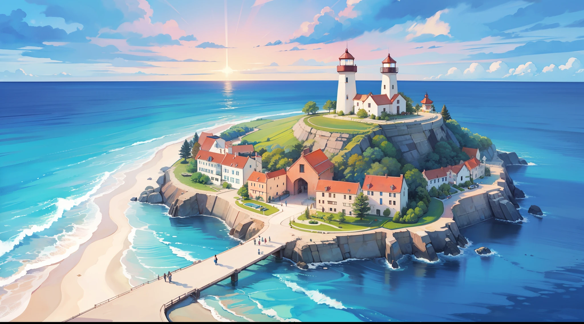 ocean fantasy, watercolor illustration, whimsical, warm colors, village, houses, huge lighthouse, ((masterpiece)), highly detailed environment