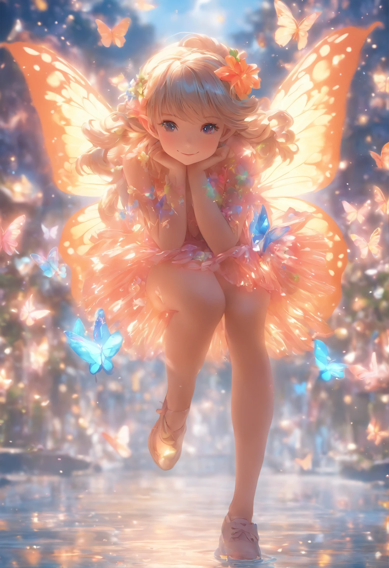 one-girl，Thighs above the knee，Elves in flowers，A pair of transparent butterfly wings，Colorful wings，（A skirt composed of petals：1.5），The petals float into the sky，（Petals of various flowers），best qualtiy，tmasterpiece，Photorealsitic，Photorealistic image quality，The dawn effect，Beam light