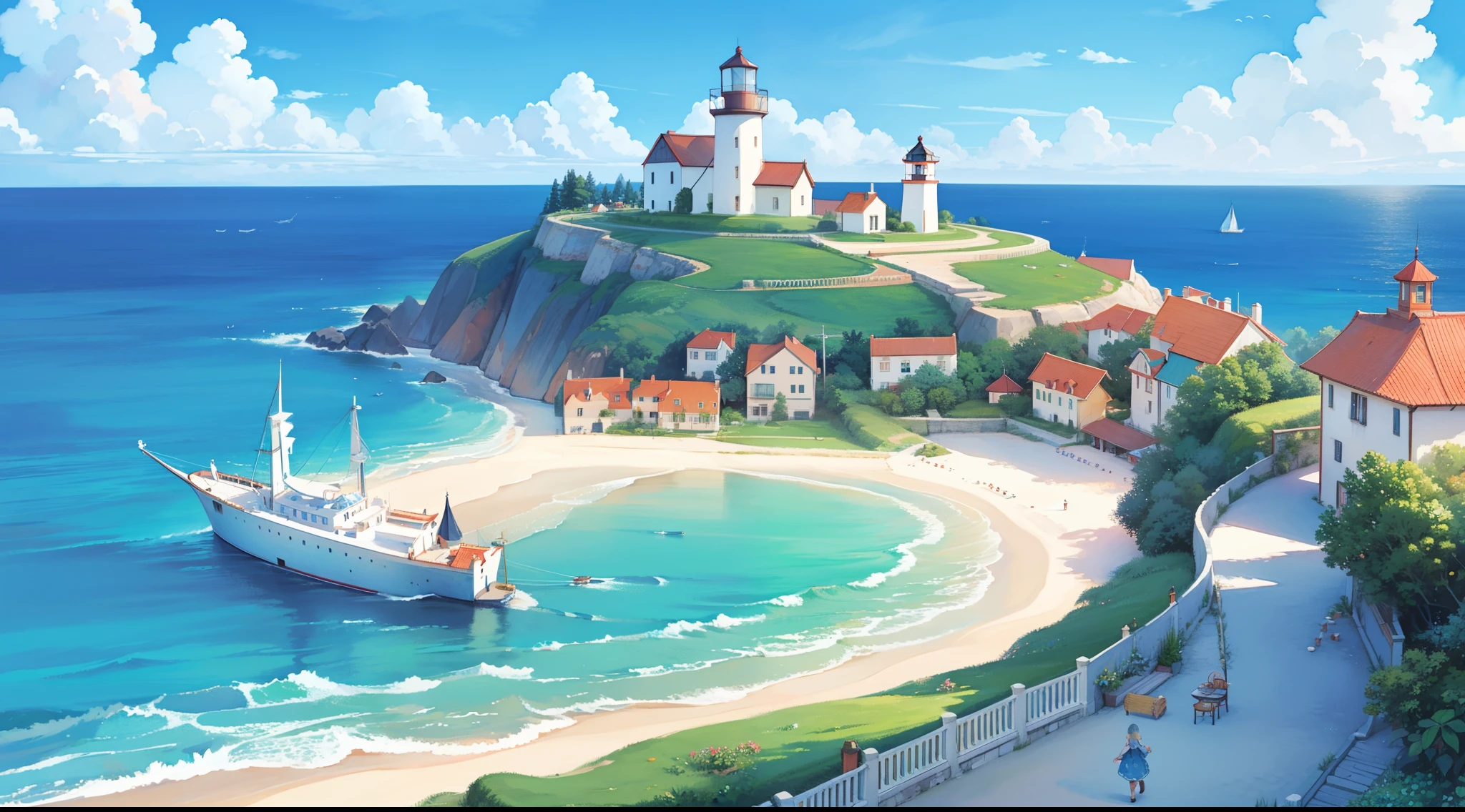 ocean fantasy, watercolor illustration, whimsical, warm colors, village, houses, huge lighthouse, ((masterpiece)), highly detailed environment