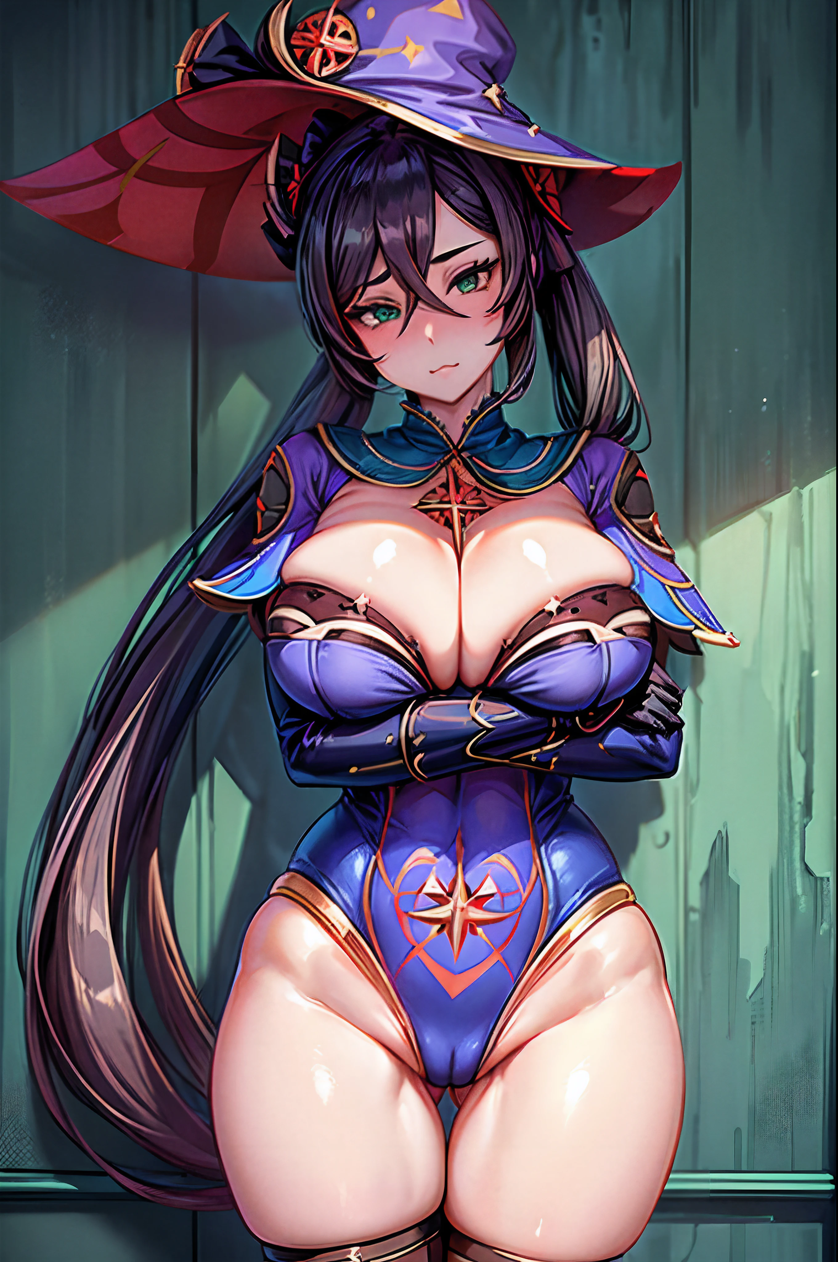 /(pathway in a park/),(against wall:1.3), tile wall,ass grab, (masterpiece, best quality:1.4), 1girl, solo,(mona_genshin:1.4),default_dress, (milf:1.5), highleg, highleg_leotard, leotard, long_hair, twintails,long_sleeves,pantyhose,thigh_strap, thighlet, looking_at_viewer, looking_back, mona_\(genshin_impact\),(thick thigs:1.3),(wide hips:1.4), (an extremely beautiful and delicate),green_eyes, long black hair, medium hair, hair between eyes, ponytail, medium breasts, indoors, cleavage, closed_mouth, (huge breasts:1.2),undersized clothes, long_hair, looking_at_viewer, navel, signature, solo, posing,thighs, tall female, witch_hat, (huge ass:1.4),(wide hips,narrow waist:1.3), naughty face, flustered, surprised,(masterpiece, best quality:1.4),high quality, highly detailed,detailed,perfect,standing,from_behind,