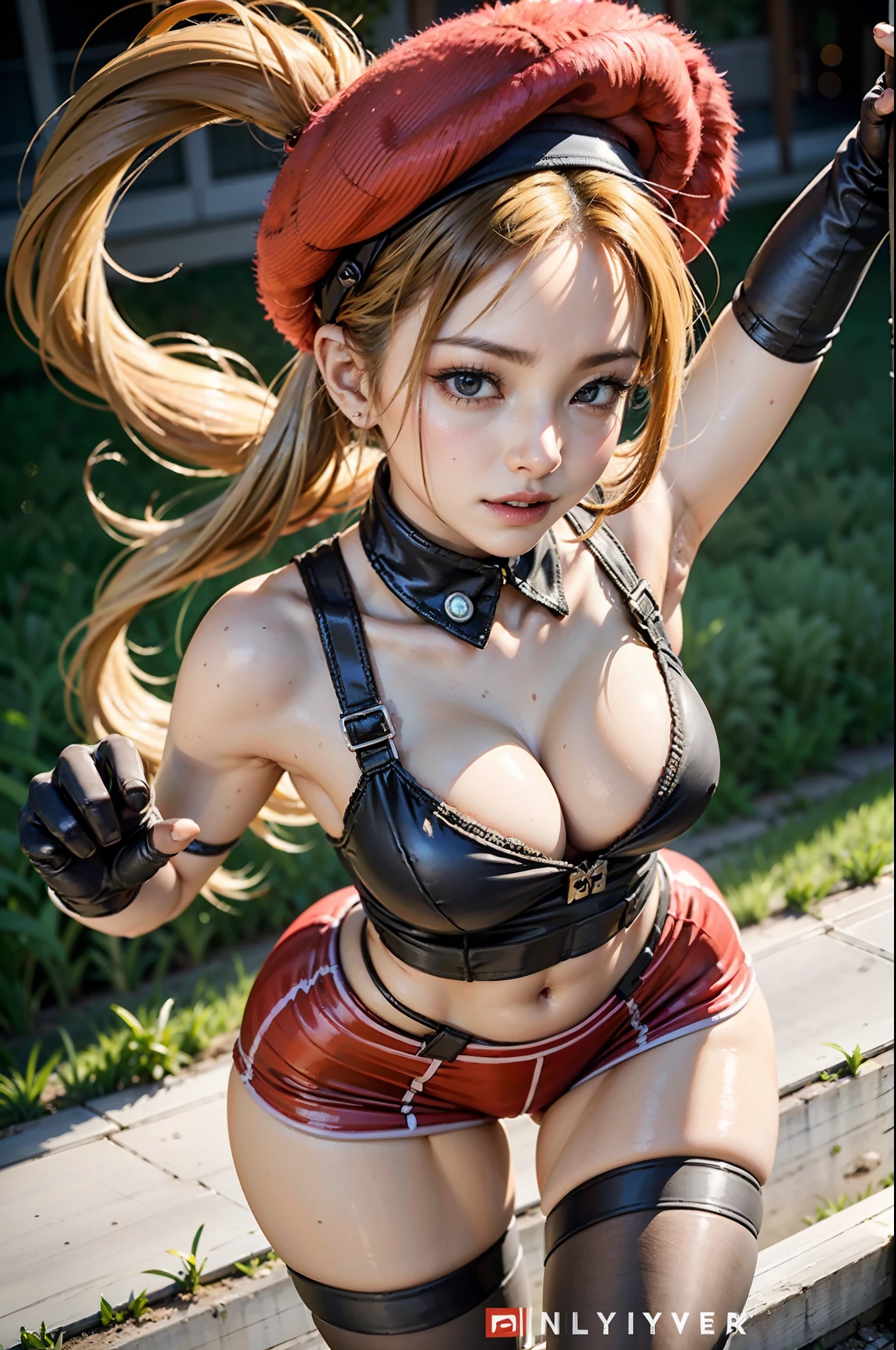 Best Quality, Masterpiece, Ultra High Resolution, rembrandt Lighting, night time, background dark, cammy street fighter, attractive, long blonde braided hair, wearing small red army beret hat, sexy singlet vibrant green outfit, wearing red combat gloves, combat boots, leggings, no cleavage, seductive, extra curves, wet skin, petite breasts, white skin, 3/4 shot of adynamic combat pose, big thighs, slim waist, shy, sfw, scantily clad, ripped, revealing outfit, camel toe, flawless masterpiece kawaii, perfect body, perfect face, perfect hands, perfect fingers, sexy pose, PERFECT ANATOMY