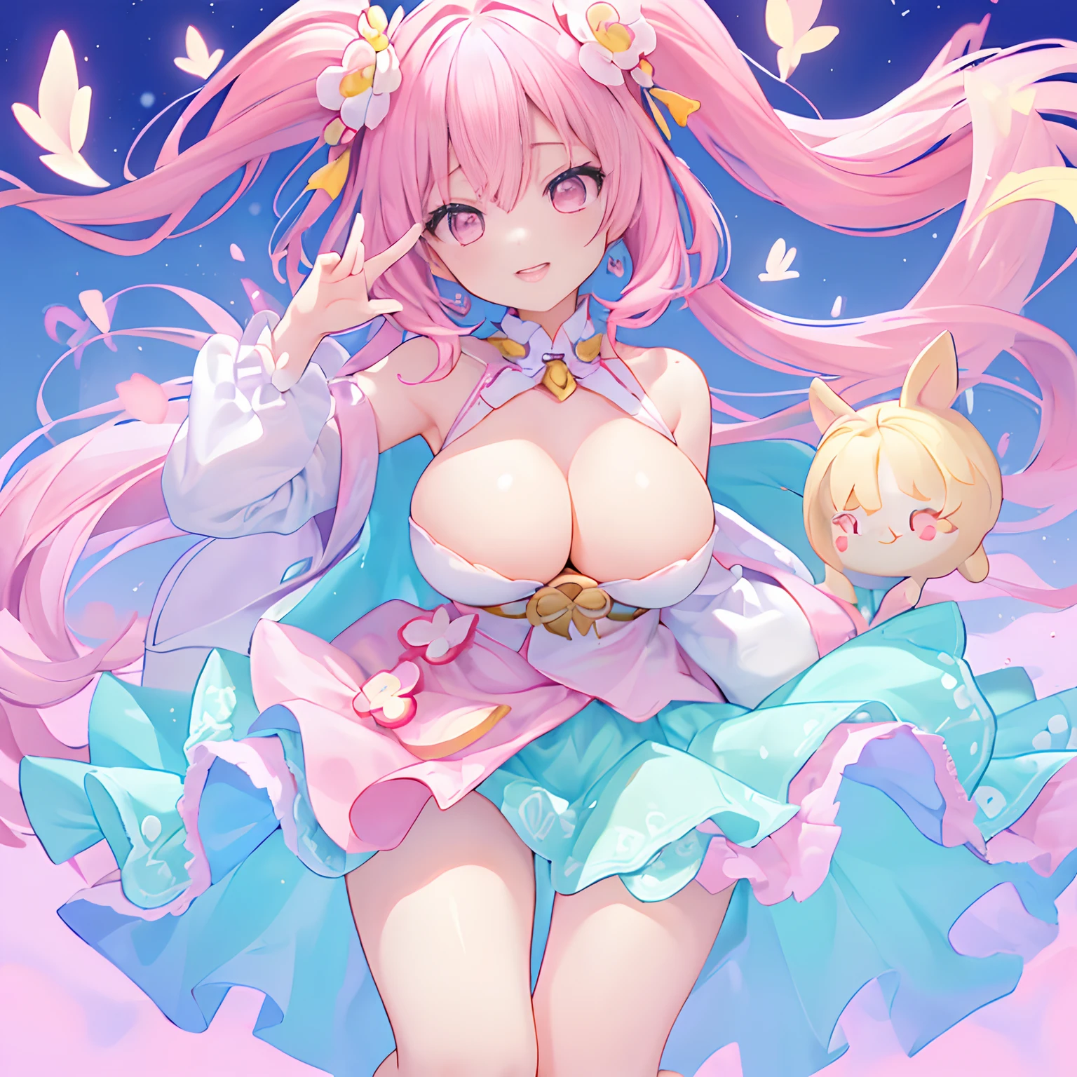((NSFW:1.2),masutepiece, (1girl in), Idol,Looks fun with a big smile, ((Close-up Face)), Big eyes, It seems that the eyes are shining、Kawaii Tech, kawaii, Cute, Pastel colors,Hair color is pastel、 (Best Quality),Mystical deep background of the sky, Symmetrical, Head Tilted,The composition should exude sensuality and innocence、An ultra-high picture quality、Dynamic Angle