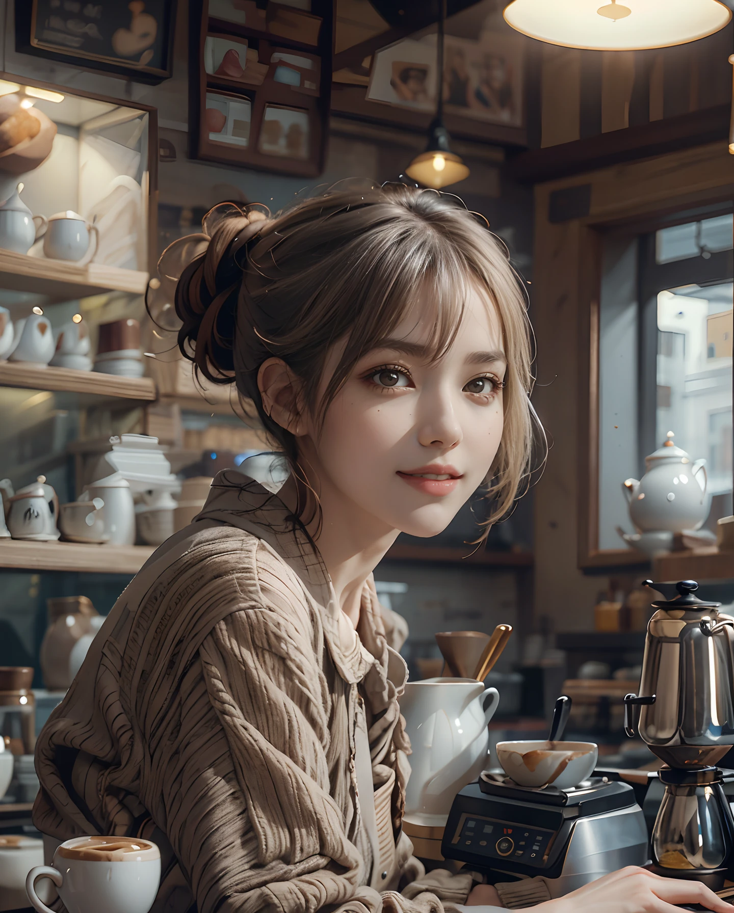 masutepiece、hight resolution、The coffee shop of the future、Woman making delicious coffee、25Year old girl、1Girl clerk、Looking at the camera、Hair is short、short-cut、smil、Finish as shown in the photo、Coffee and beauty、the skin is white and beautiful、