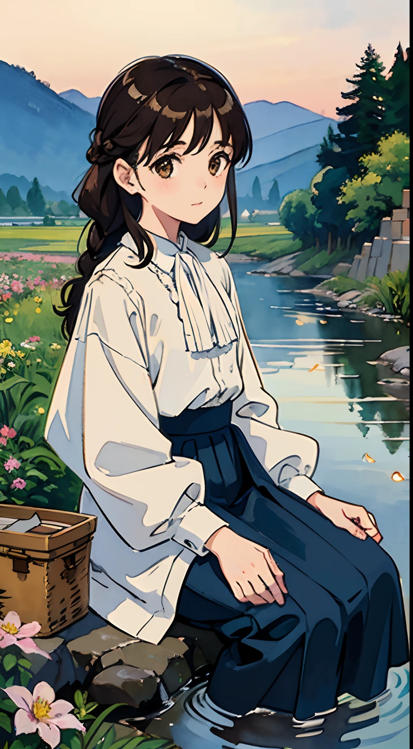 (Watercolor in Sargent style)、(top-quality、masterpiece)、Soft light、View of the Cotswolds,Old farmhouse、rivulets、flower bloom、One lady、dark brown hair、Braided hair、White blouse and long skirt、picnic、On the banks of a small stream、Fireflies fly、evening、