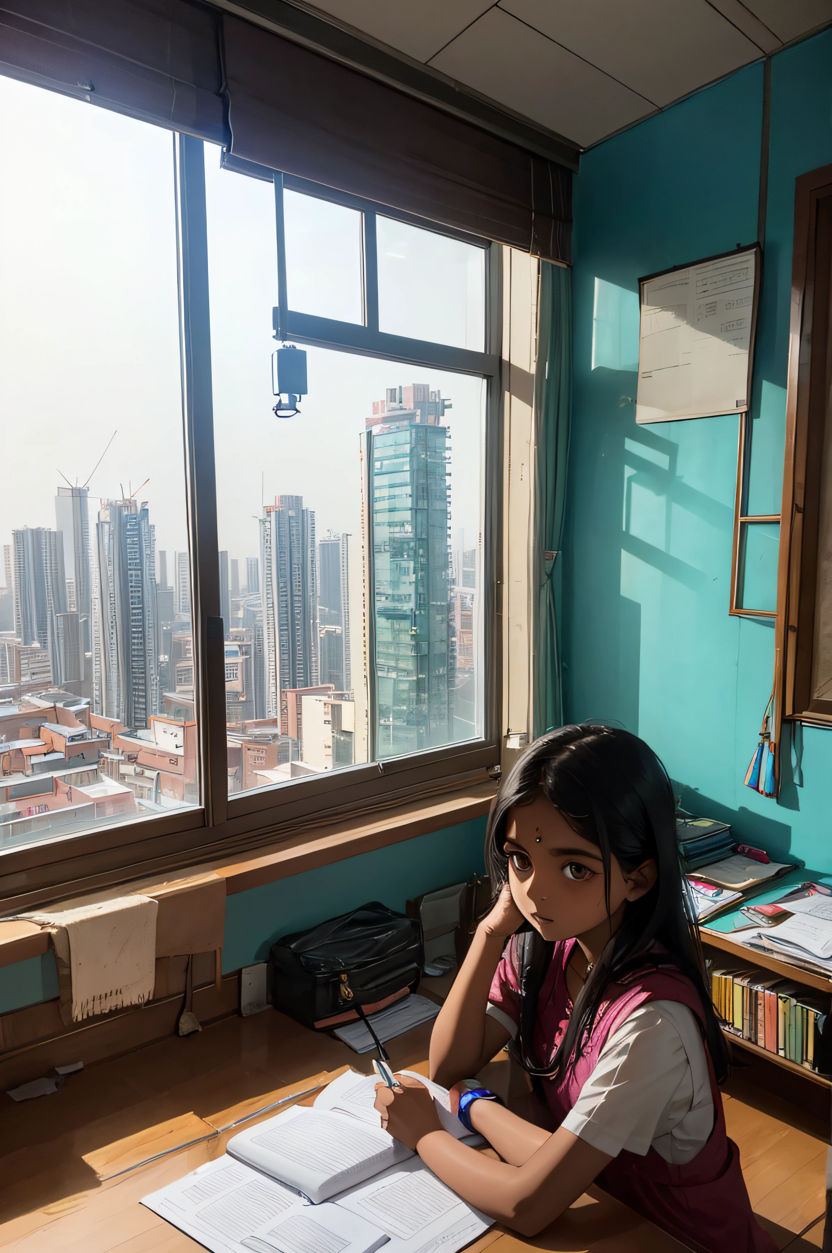 Indian girl studying in a room with a window, Indian cityscape from the window, World One Mumbai,