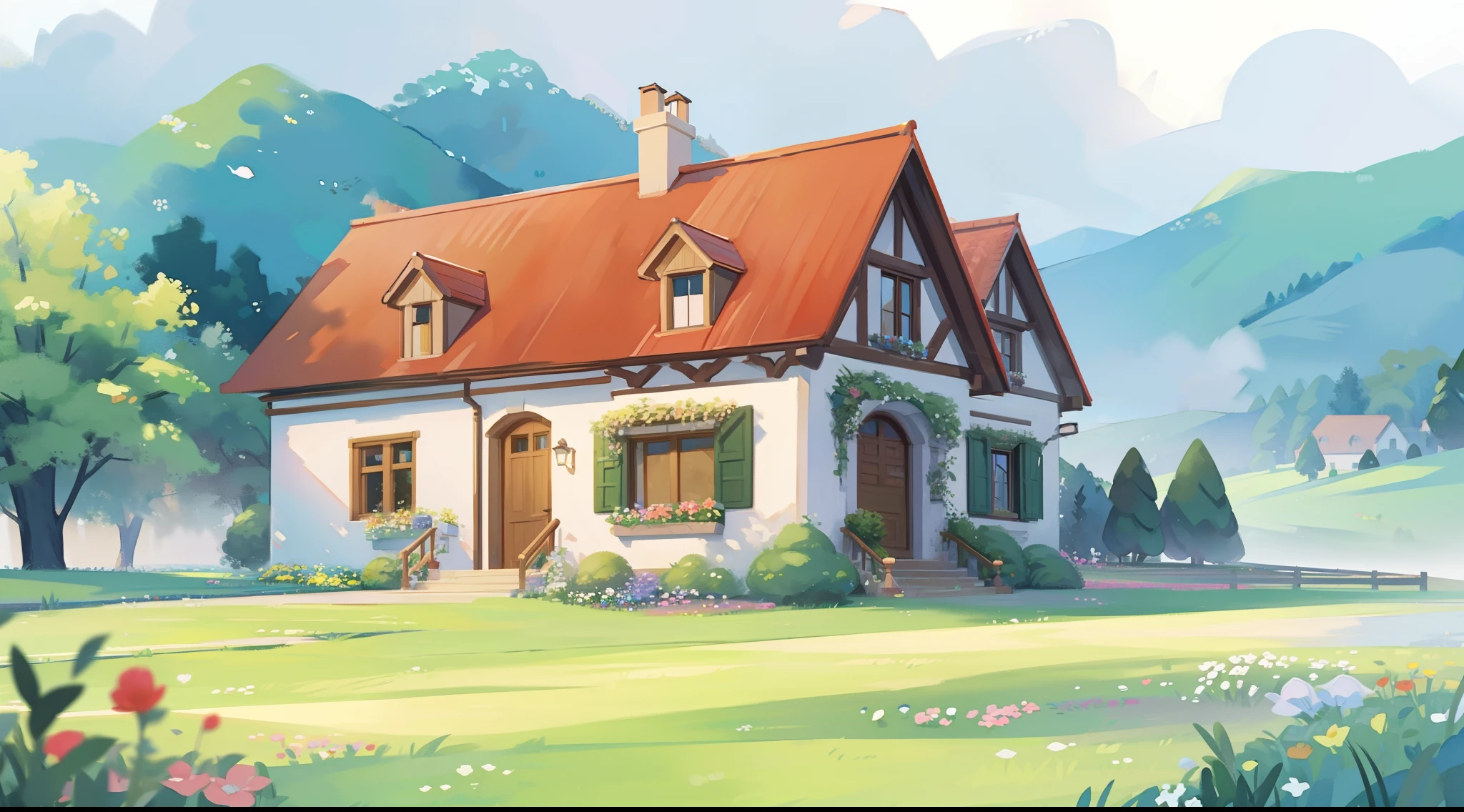countryside fantasy, watercolor illustration, whimsical, vibrant warm colors, huge overgrown cottage mansion, sharp details, meadow, vines, colorful flowers, perfect architecture