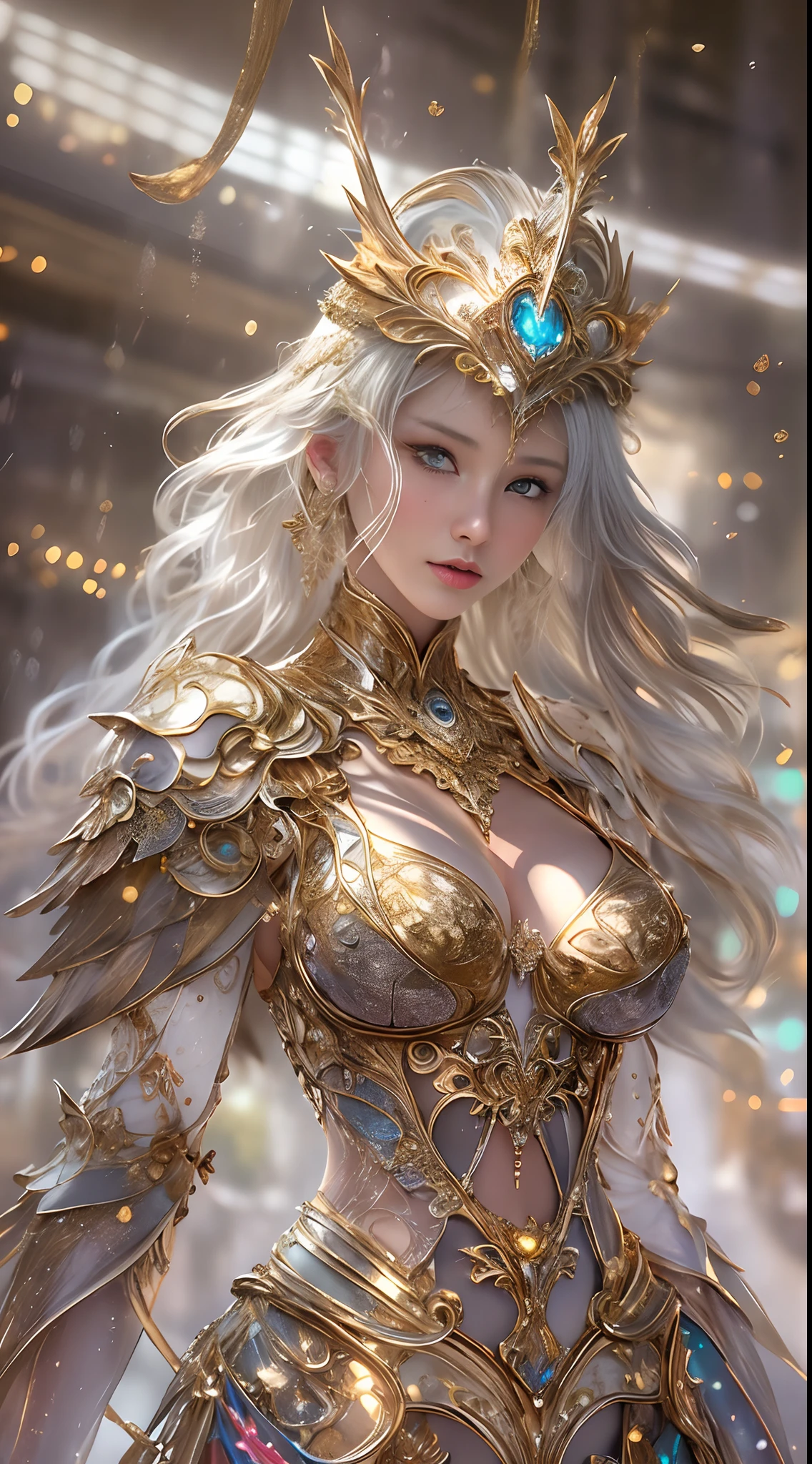 Woman in a golden transparent dress,view the viewer,(((Huge breasts, Large cleavage))),Slim waist,(navel baring,Bare waist), Long hair, Ultra-detailed details,High-end Zhenyi station, Rainstorm site, detailed fantasy art, Stunning character art, Beautiful and exquisite character art, Beautiful gold and silver armor, Extremely detailed, Girl in shiny armor, Exquisite tiaras and jewelry,Crystal jewelry filigree, milky ways, Stunning visuals, (dynamic streaks, light tracks:1.2), Vibrant colors,