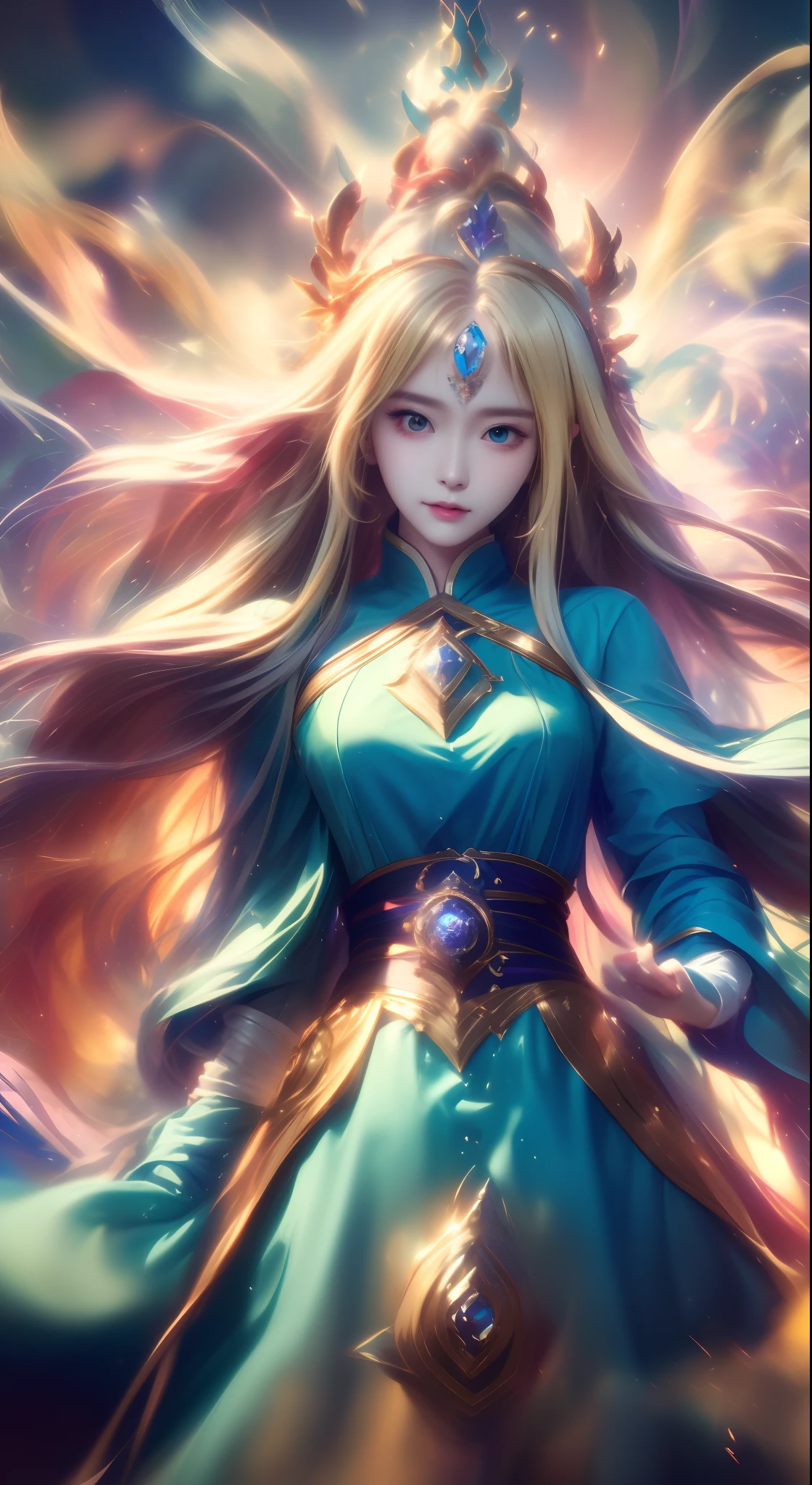 dark magician girl, Masterpiece, Best quality, (1girll), Solo, (water), Long hair, Blonde hair, A blue headdress, Wizard's Hat, casting spells, Castle, Castle:2, Motion blur, book, magic, (Moonlight:1.2), color difference, Depth of field, Soft lighting, Highly detailed face, highly details eye, pureerosface_v1，ulzzang-6500-v1.1，
